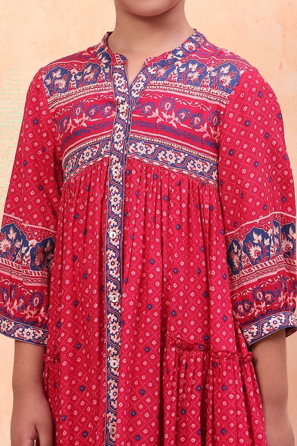 Pink Bandhani Printed Flared Tiered Dress image number 1