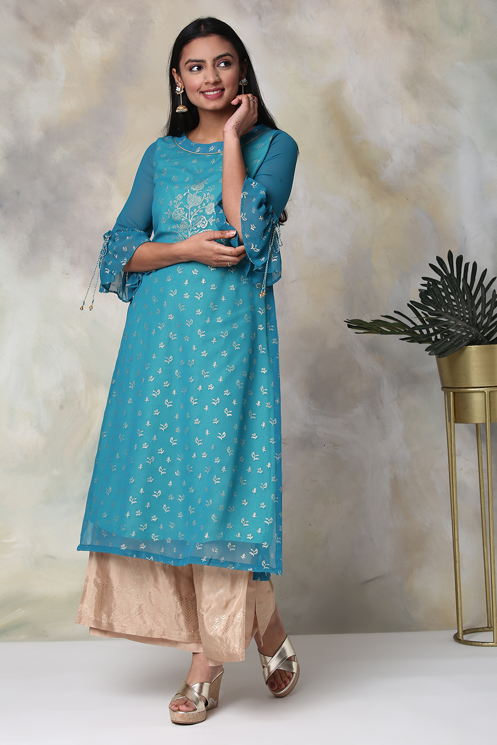 Turquoise Art Silk Straight Printed Kurta image number 2