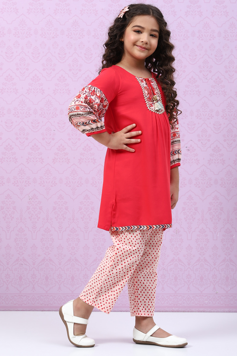 Red Rayon Flared Printed Kurta Set image number 5