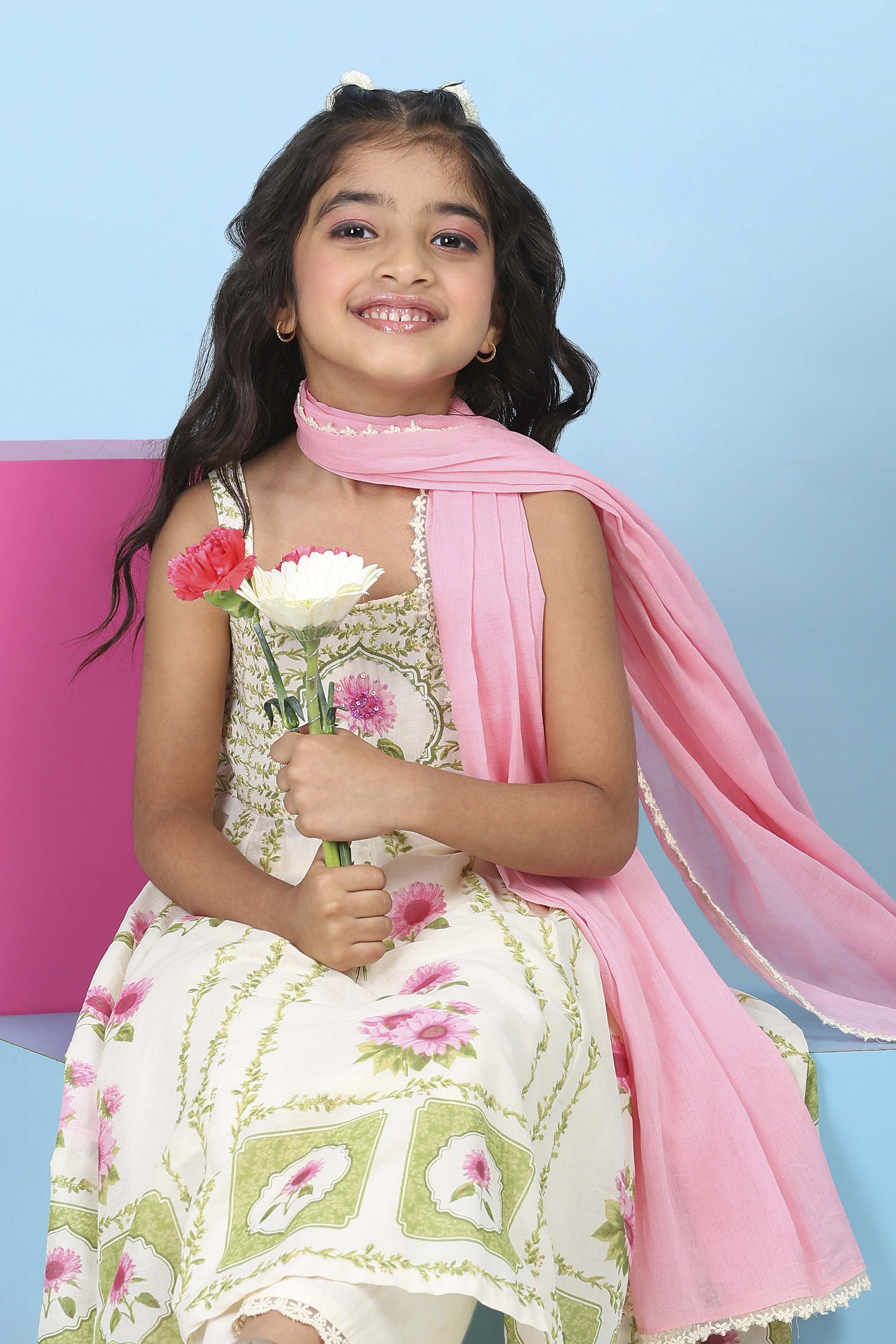 Neutral Cotton Printed Anarkali Suit Set image number 8