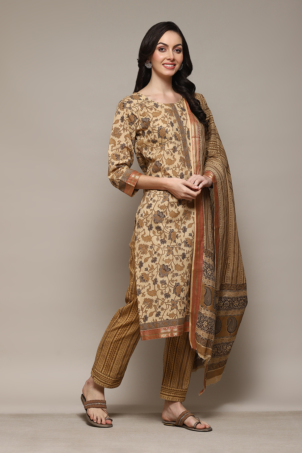 Coffee Brown Cotton Machine Embroidered Unstitched Suit Set image number 7