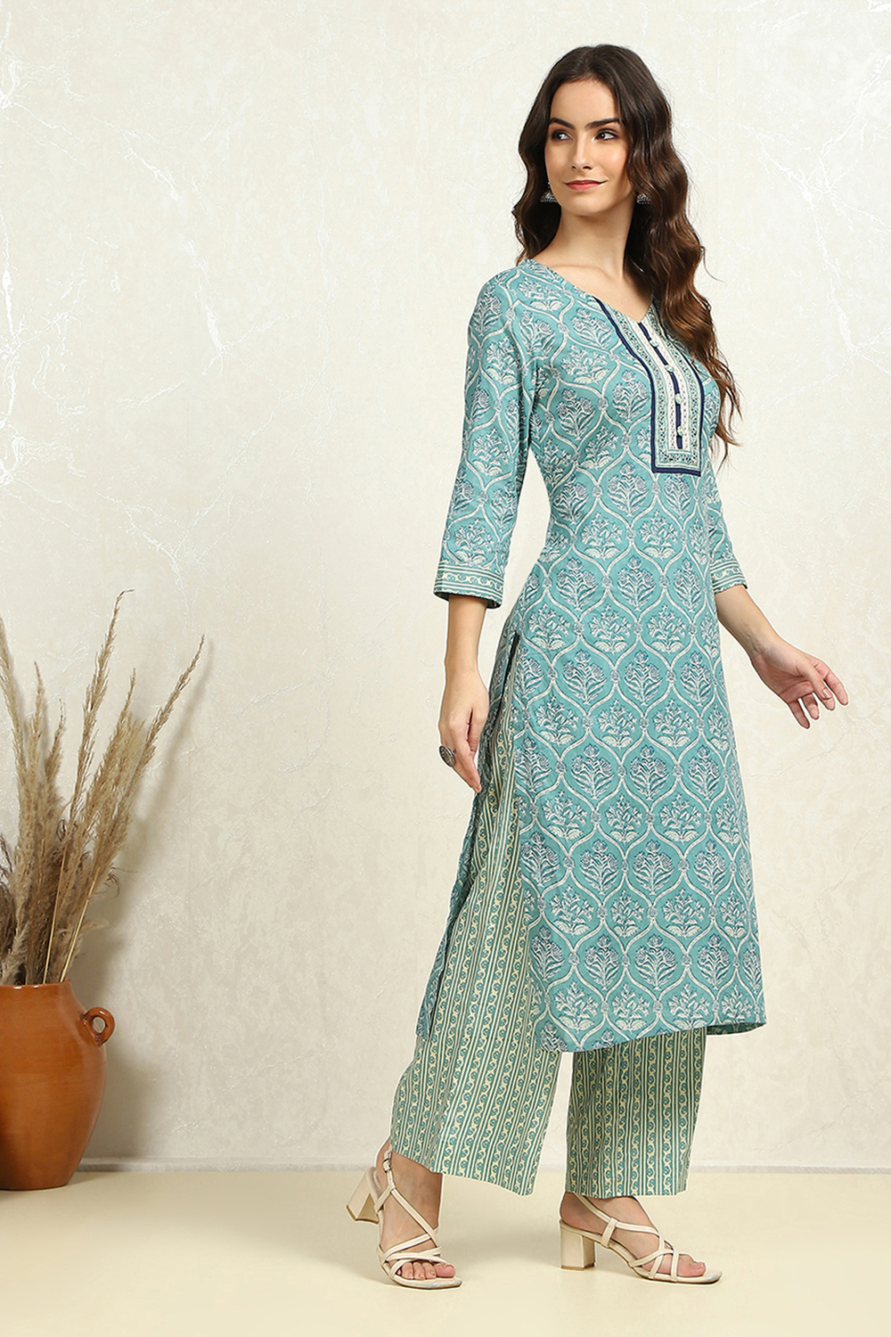 Blue Cotton Hand Block Print Unstitched Suit Set image number 6
