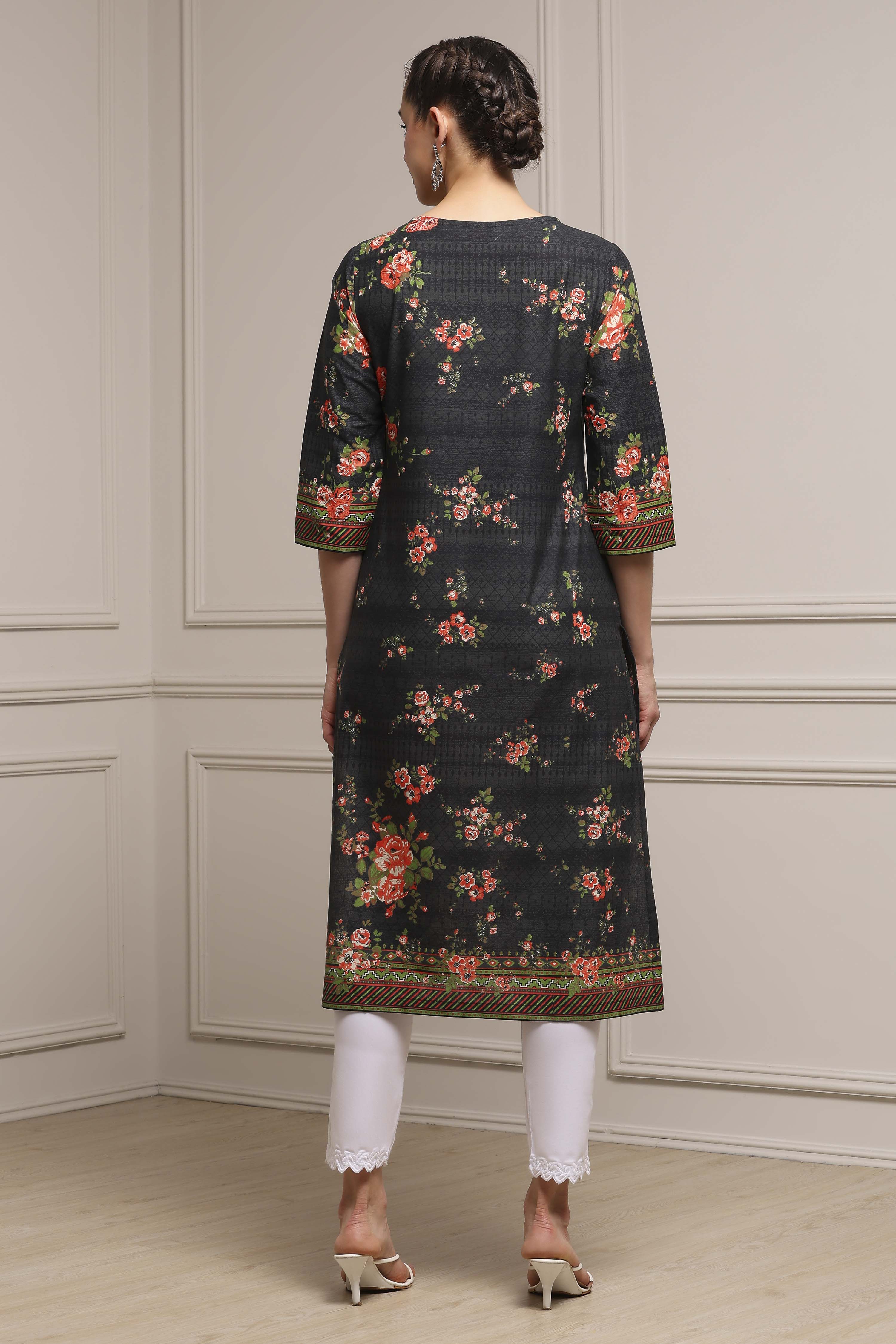 Black Cotton Printed Straight Kurta image number 3