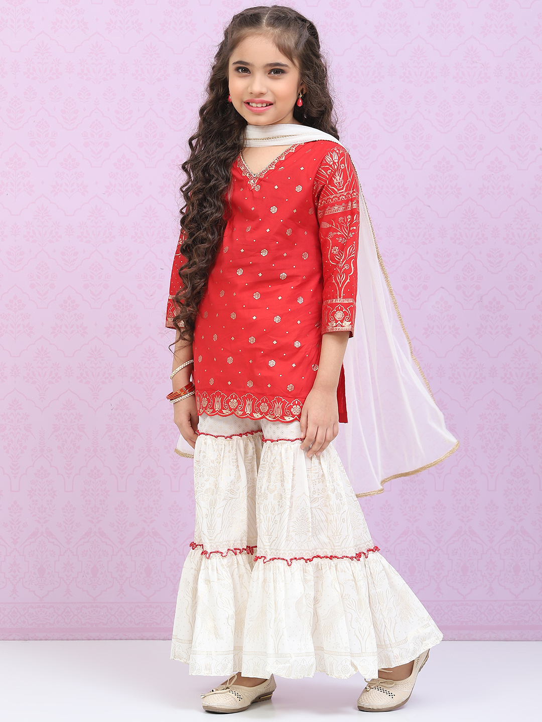 White & Red Cotton Straight Kurta Sharara Suit Set image number 5