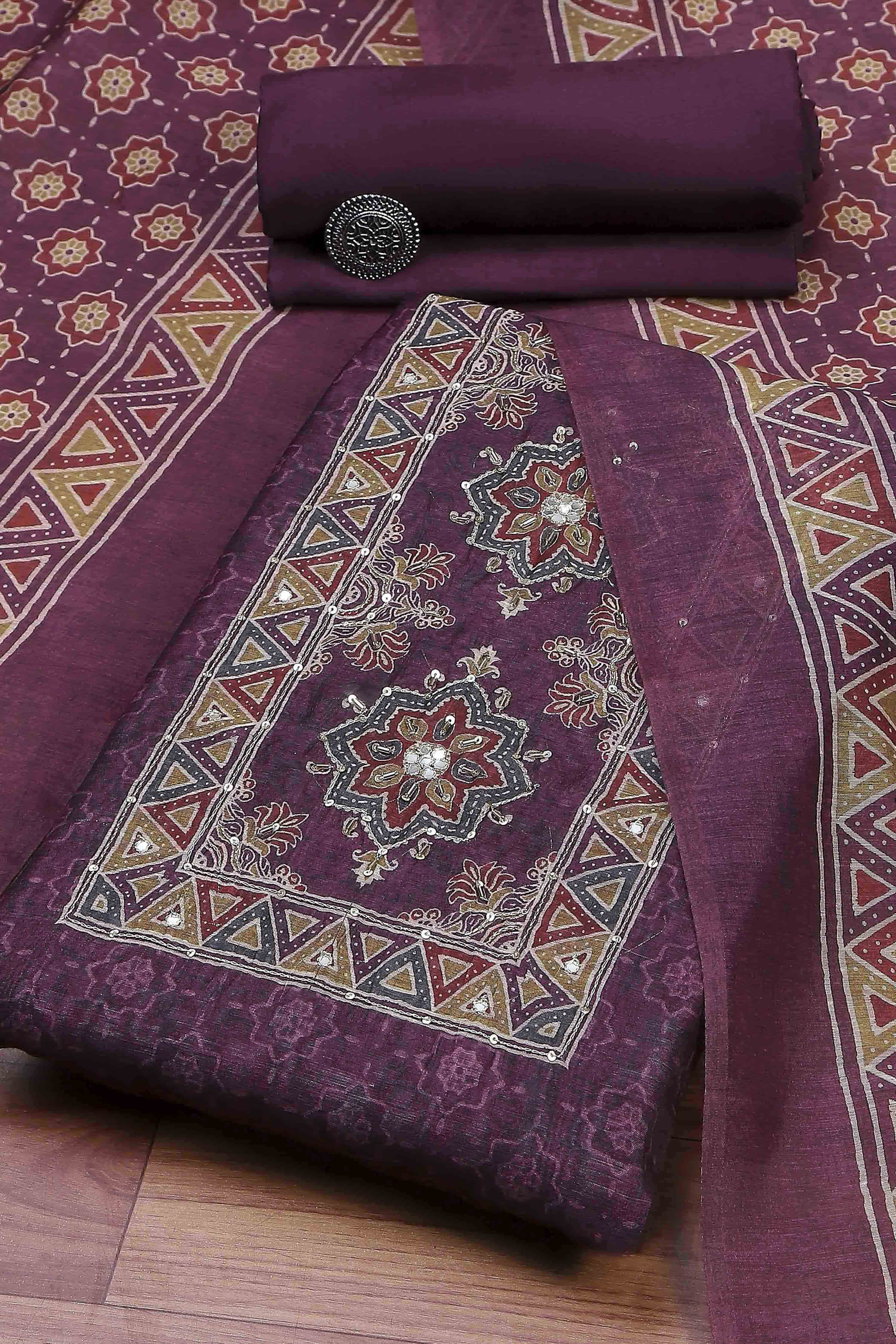 Grey Chanderi Rajasthani Print Unstitched Suit Set image number 0