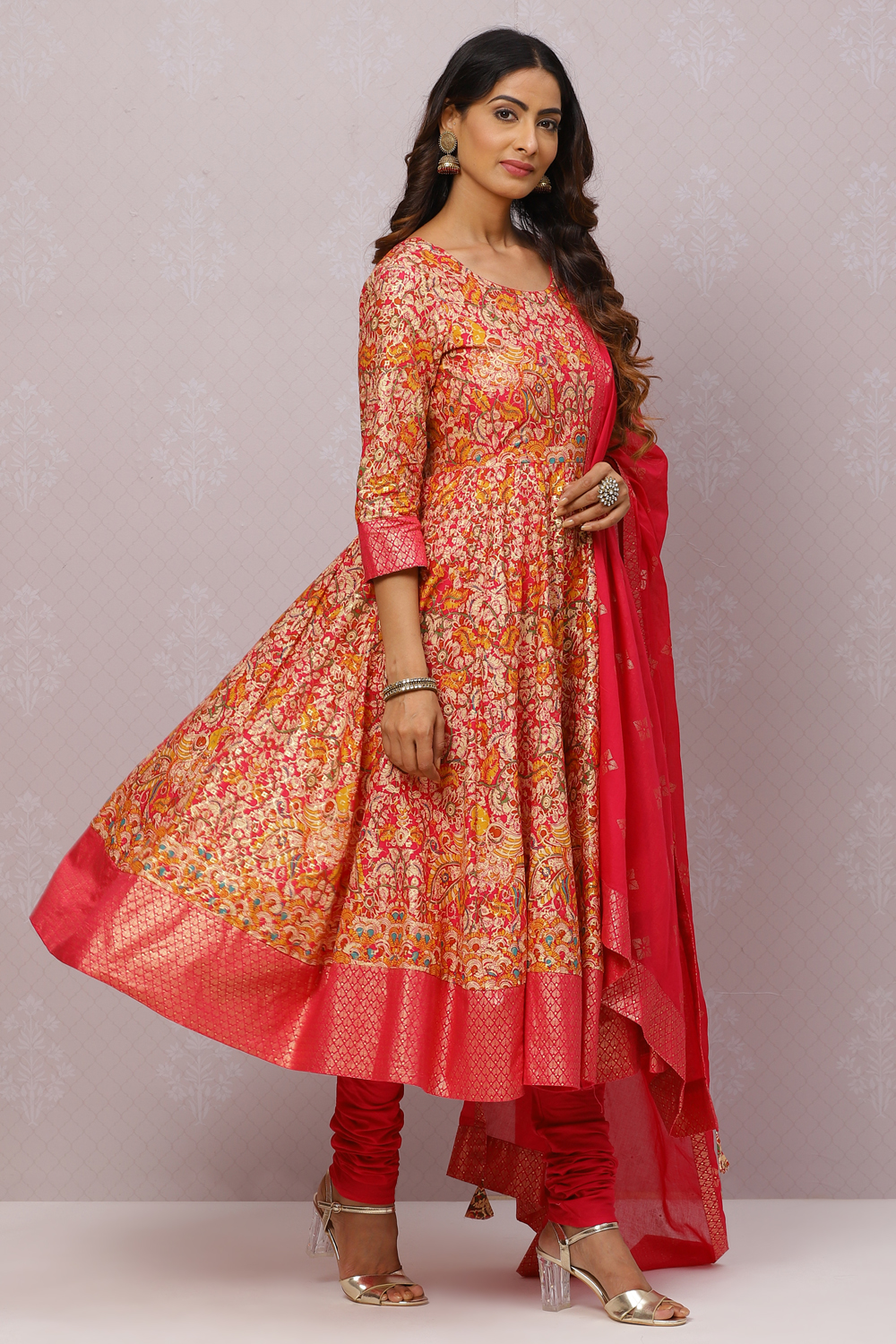 Fuschia Cotton Anarkali Kurta Churidar Suit Set image number 6