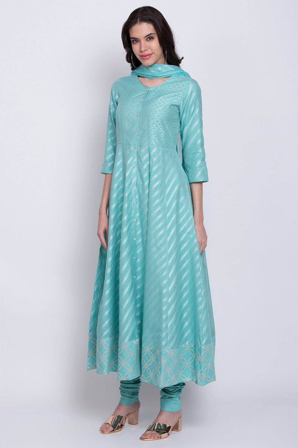 Sky Blue Poly Cotton Anarkali Kurta Churidar Suit Set image number 2