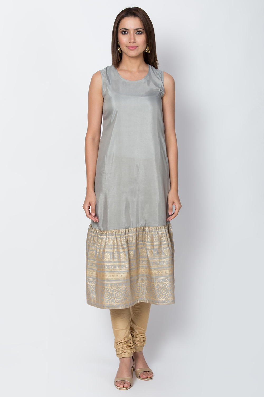 Light Grey Metallic Cotton Front Open Printed Kurta image number 4