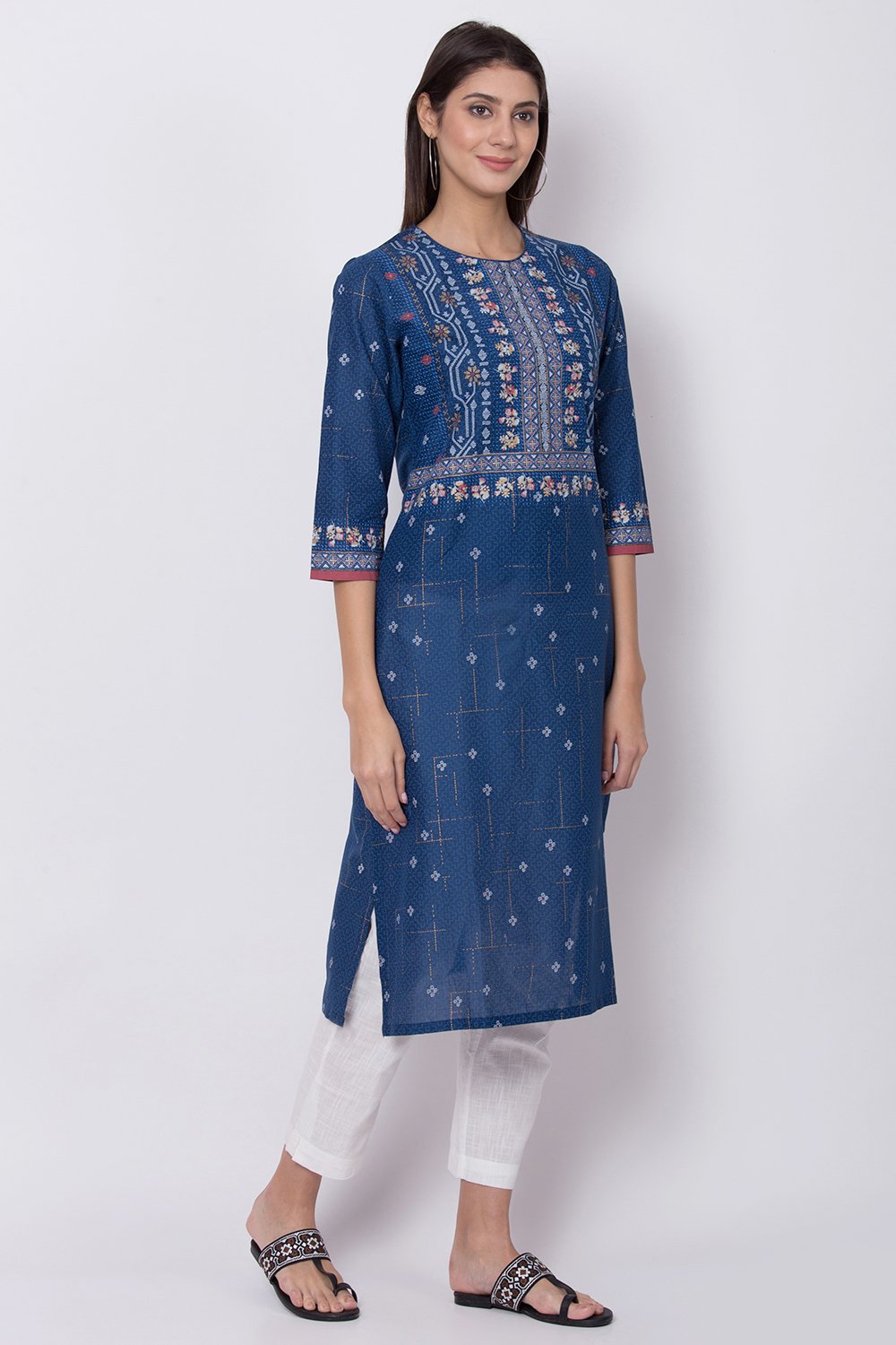 Indigo Cotton Straight Printed Kurta image number 0