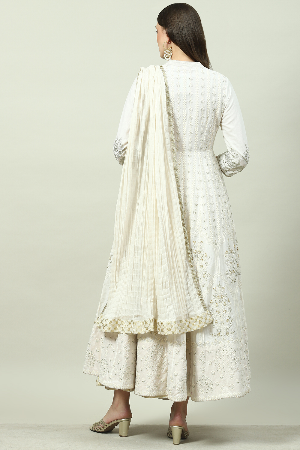 Off White Cotton Anarkali Kurta Lehenga Suit Set image number 4