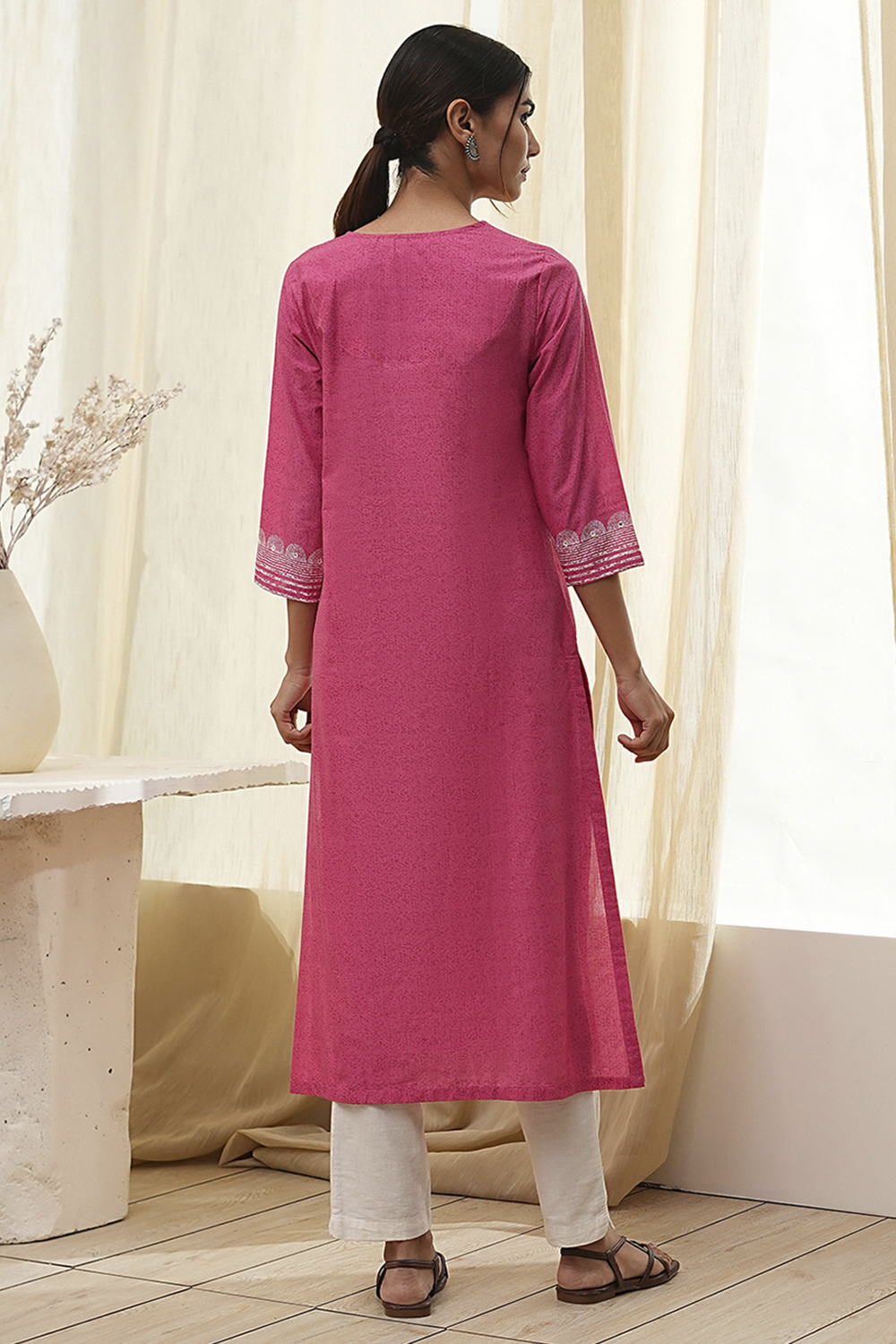 Pink Pure Cotton Printed Straight Kurta image number 3