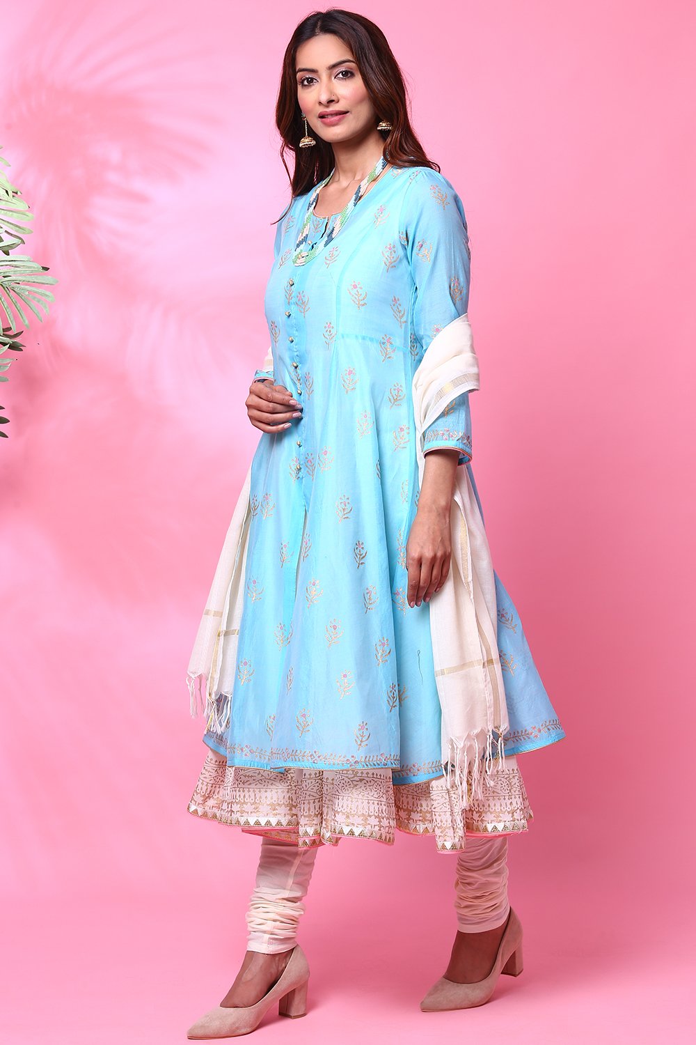 Powder Blue Double Layered Kurta Churidar Suit Set image number 1