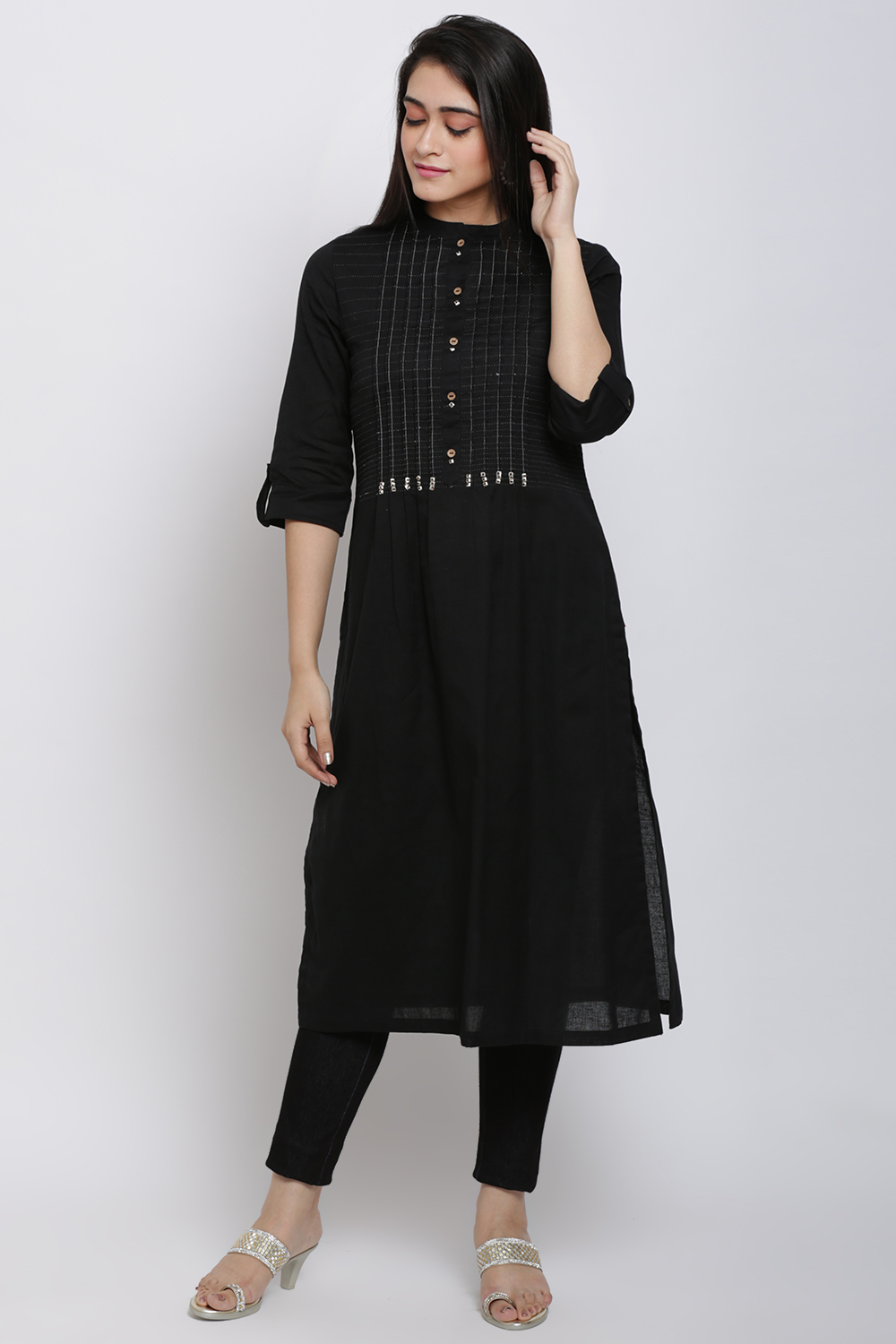 Black Cotton Flax Straight Kurta image number 3
