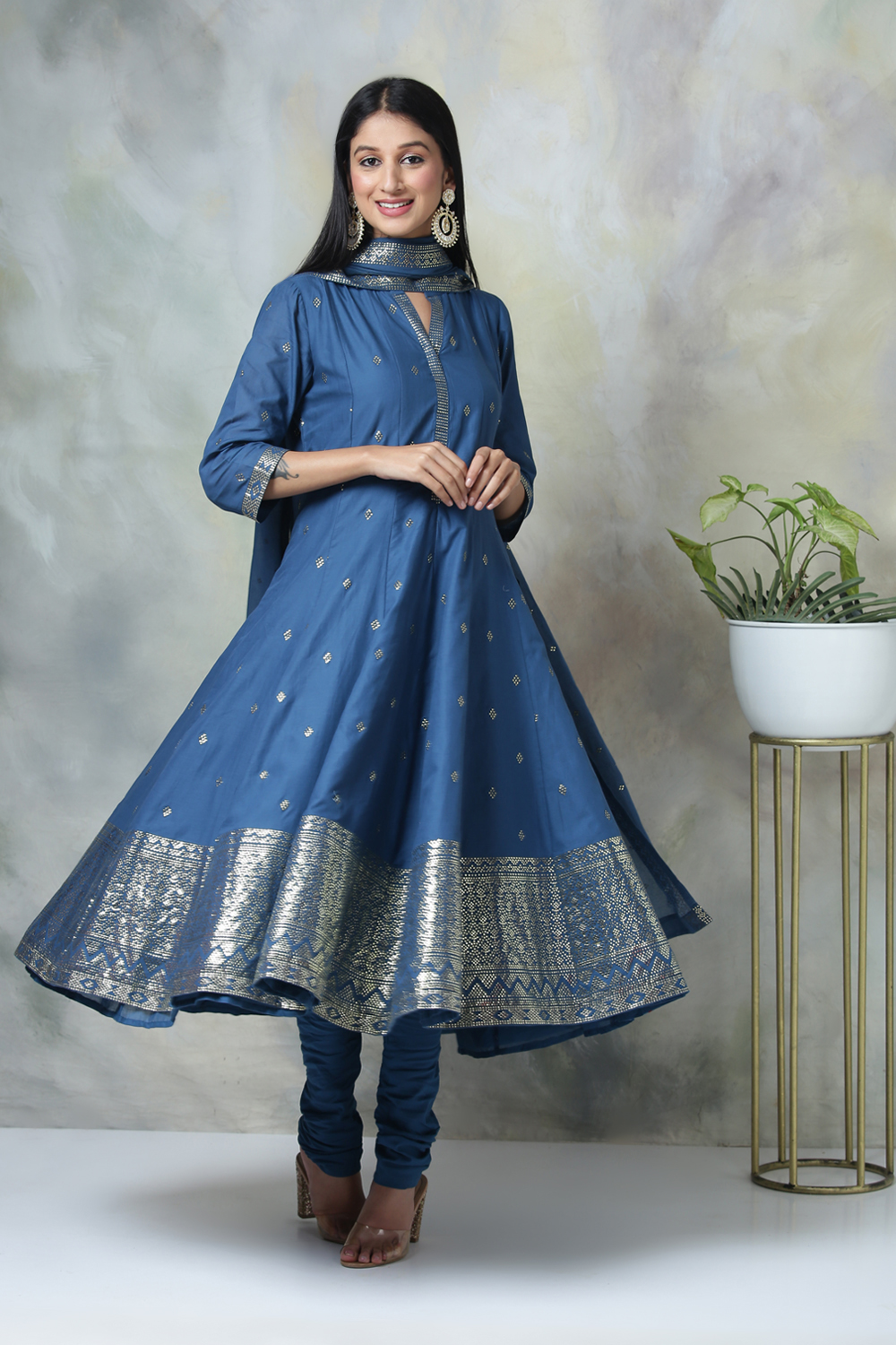 Blue Cotton Kalidar Kurta Churidar Suit Set image number 6