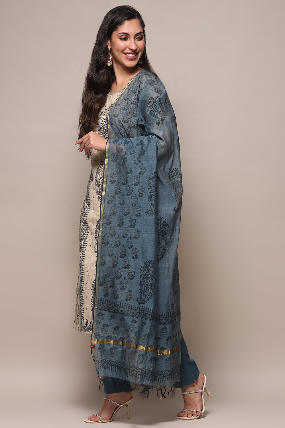 Navy Blue Chanderi Unstitched Suit set image number 5