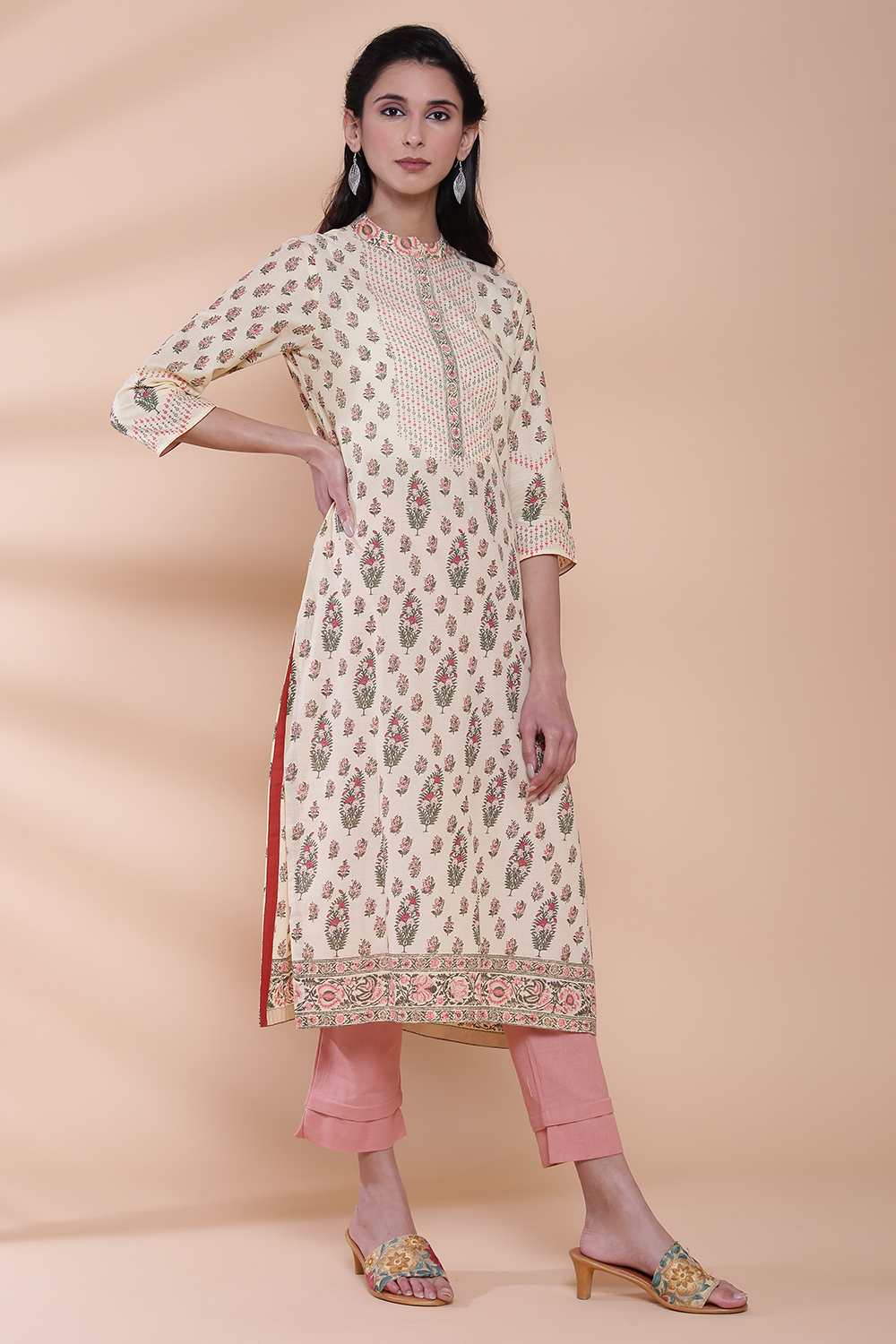 Cream Cotton Straight Printed Kurta image number 3