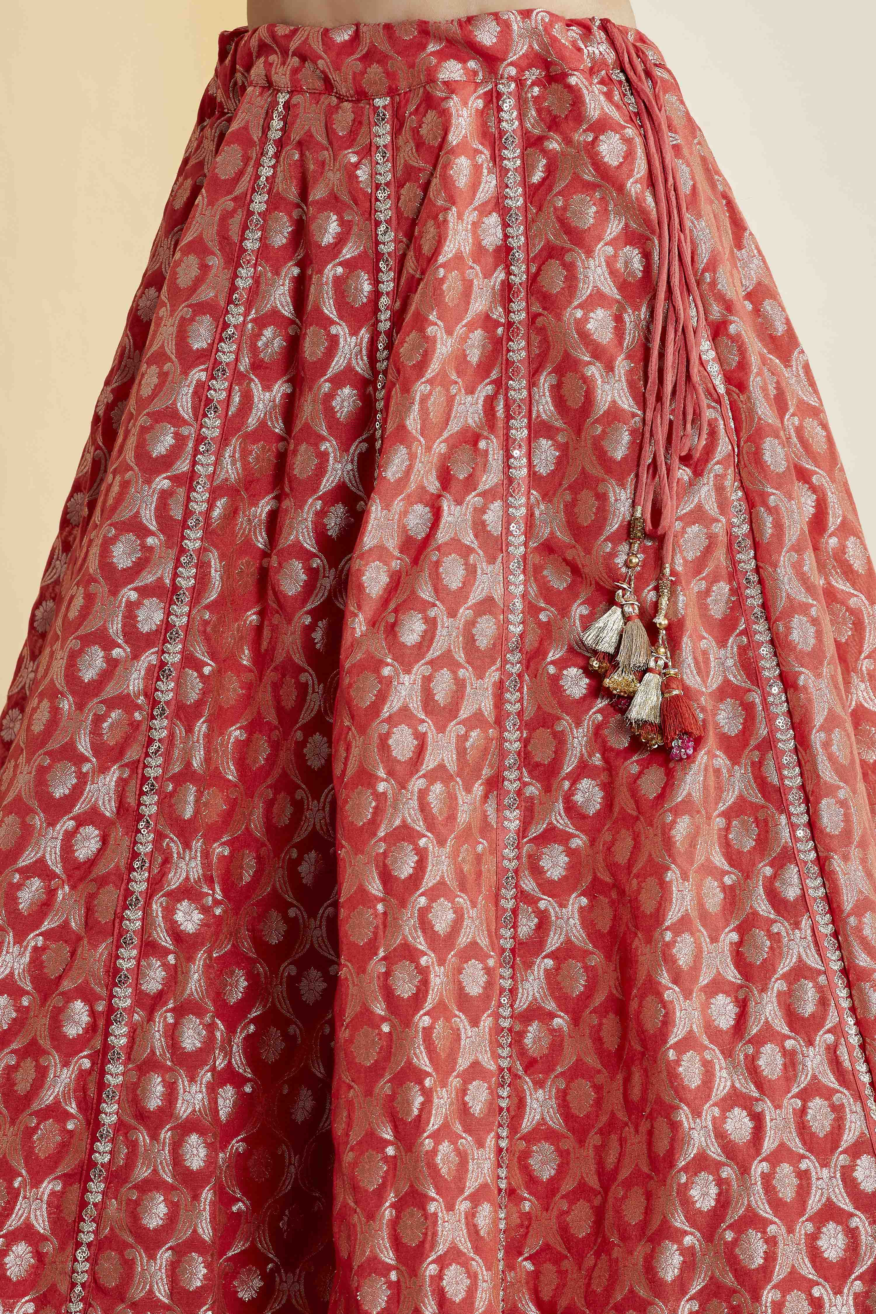Coral Silk Kalidar Lehenga Set image number 2
