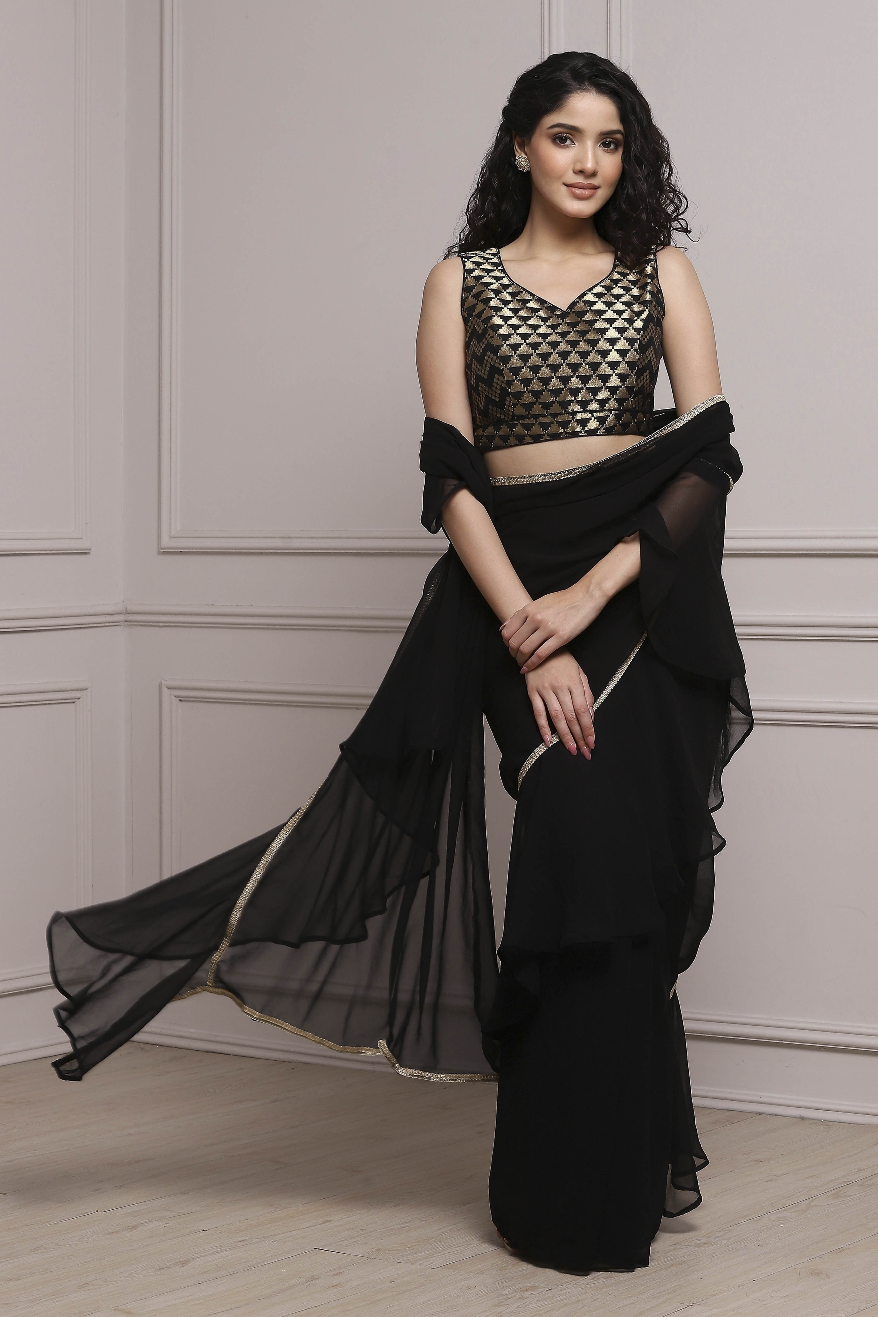 Black Art Silk Pre-draped Saree image number 0