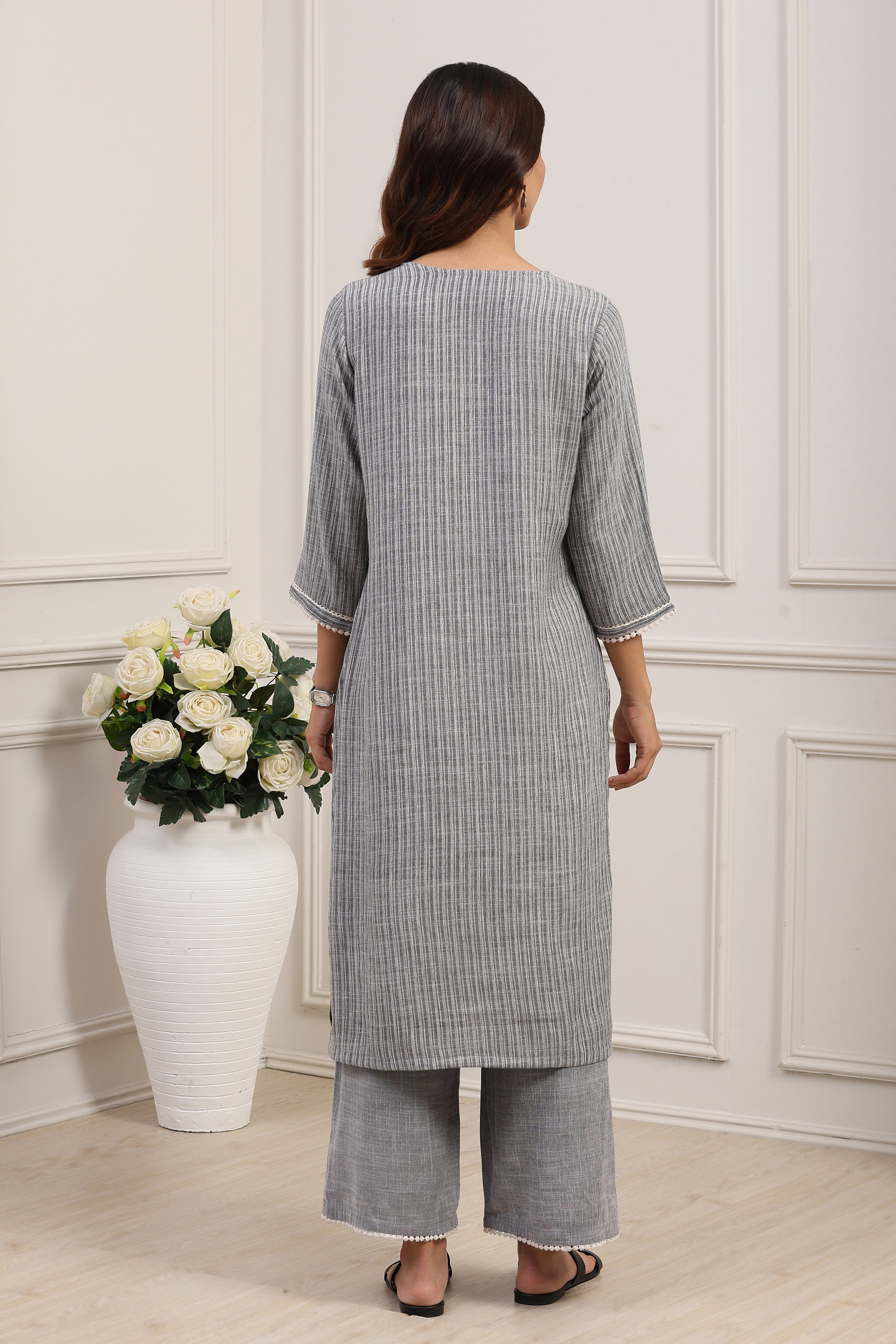 Grey Polyester Striped Straight Kurta Set image number 4