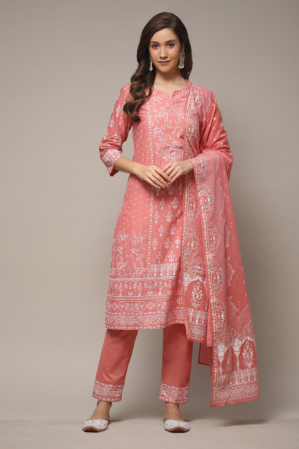 Light Coral Cotton Straight Kurta Pants Suit Set image number 1