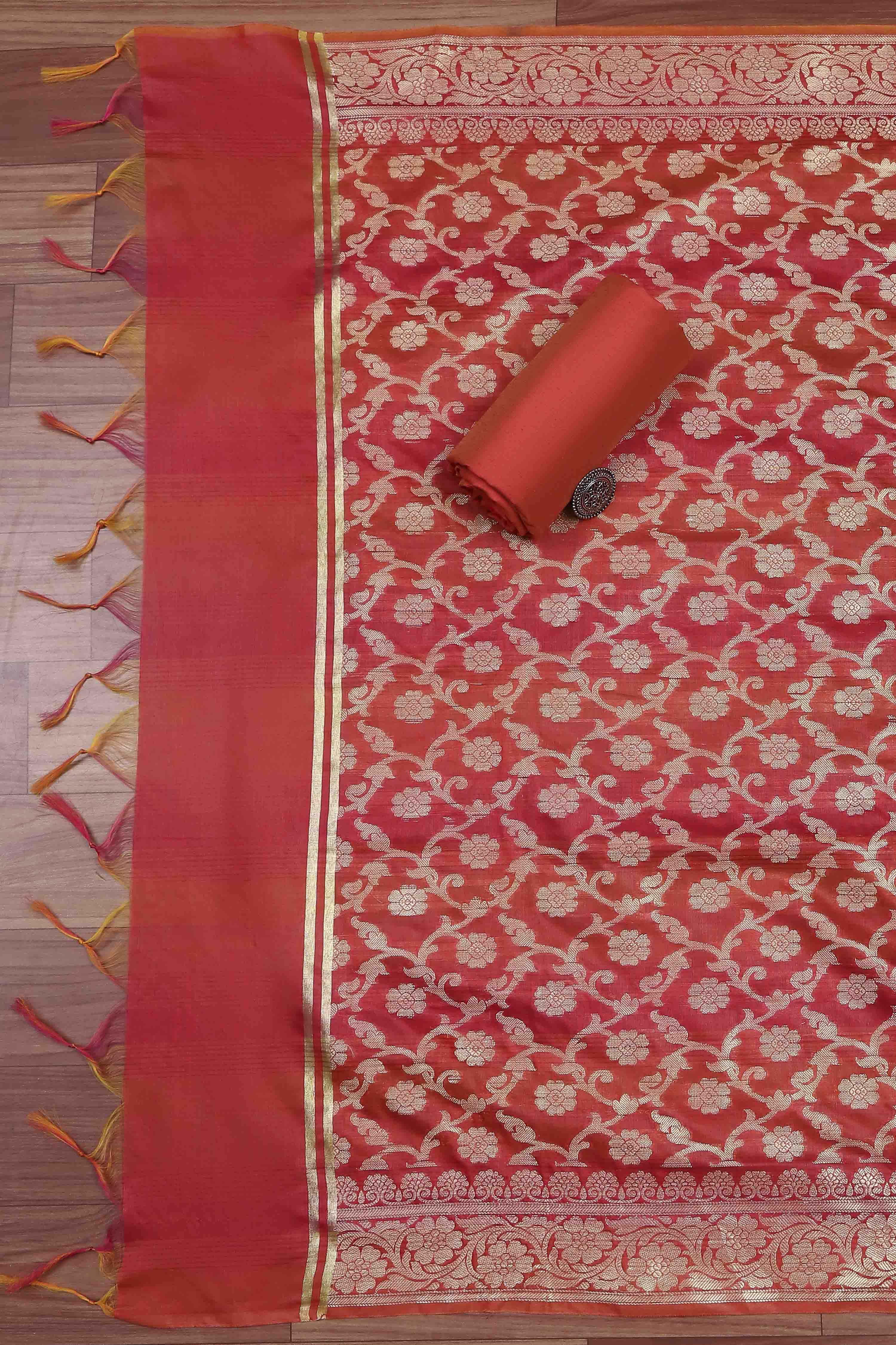 Rust Banarasi Chanderi Banarasi Print Unstitched Suit Set image number 3