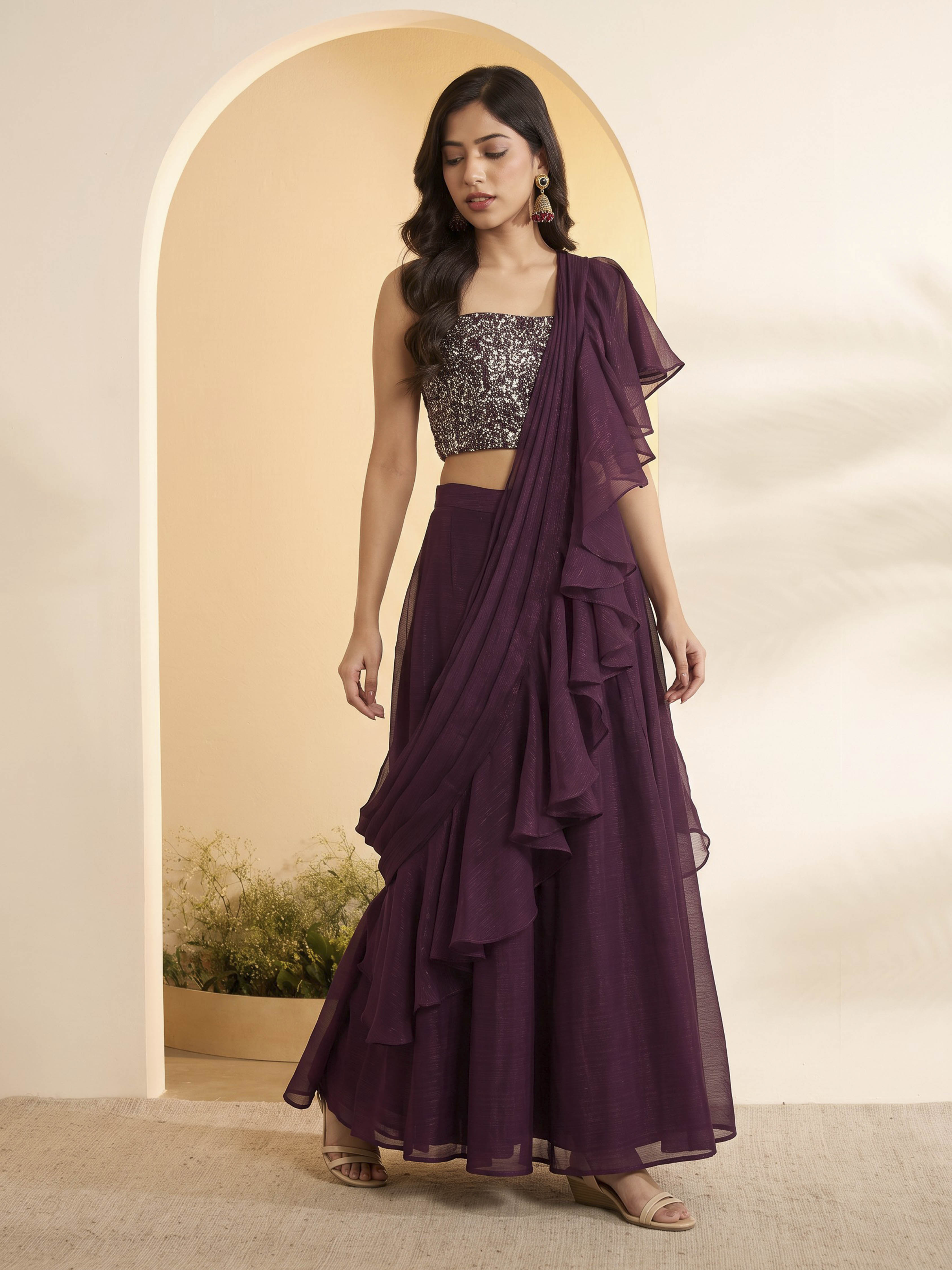 Wine Nylon Gathered Saree image number 3