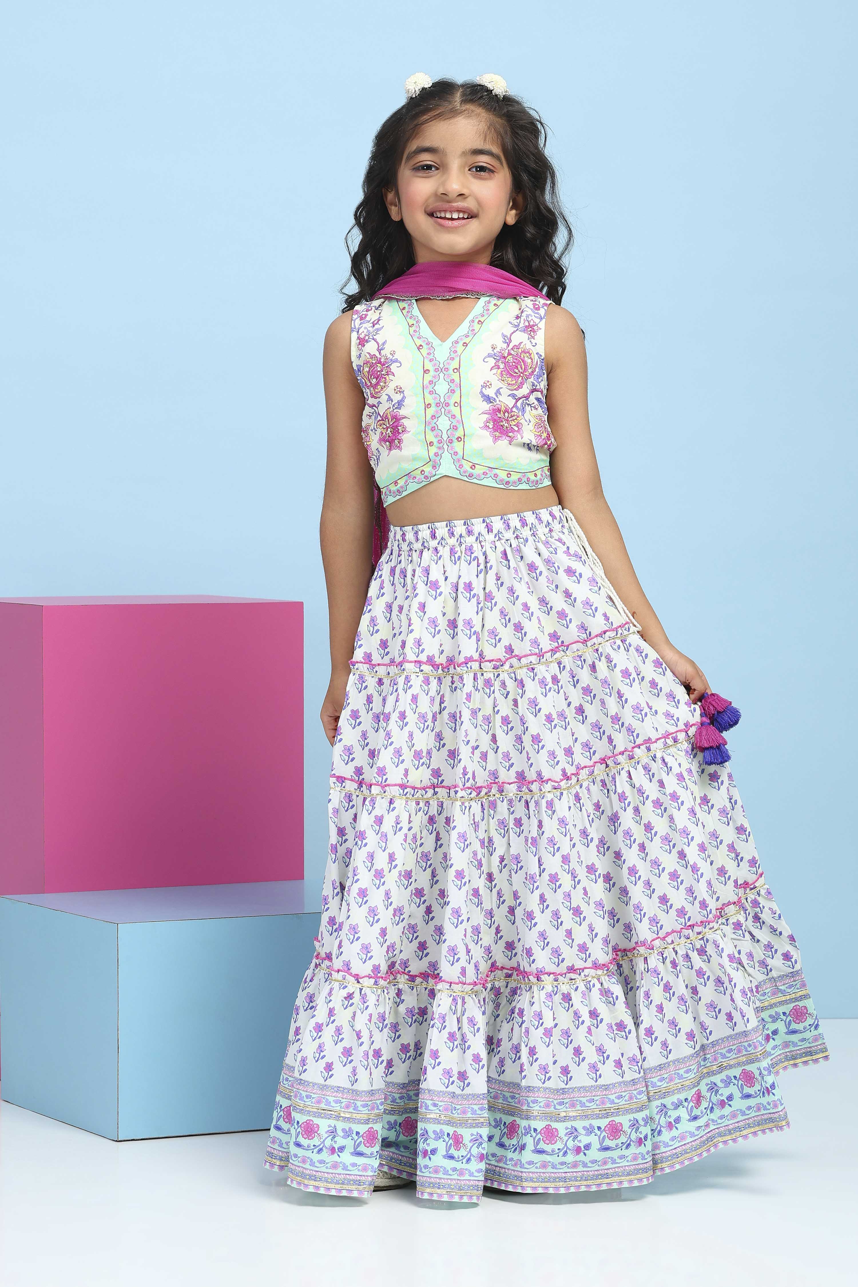 White Cotton Printed Regular Lehenga Set image number 0