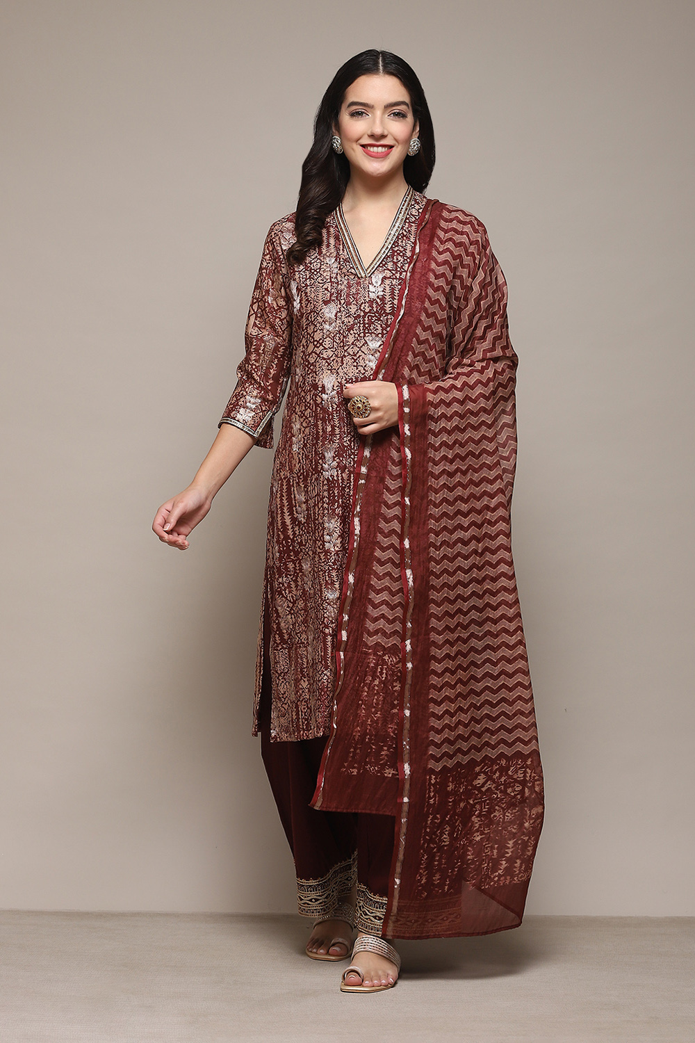 Indigo Cotton Blend Kalidar Printed Kurta Palazzo Suit Set image number 3