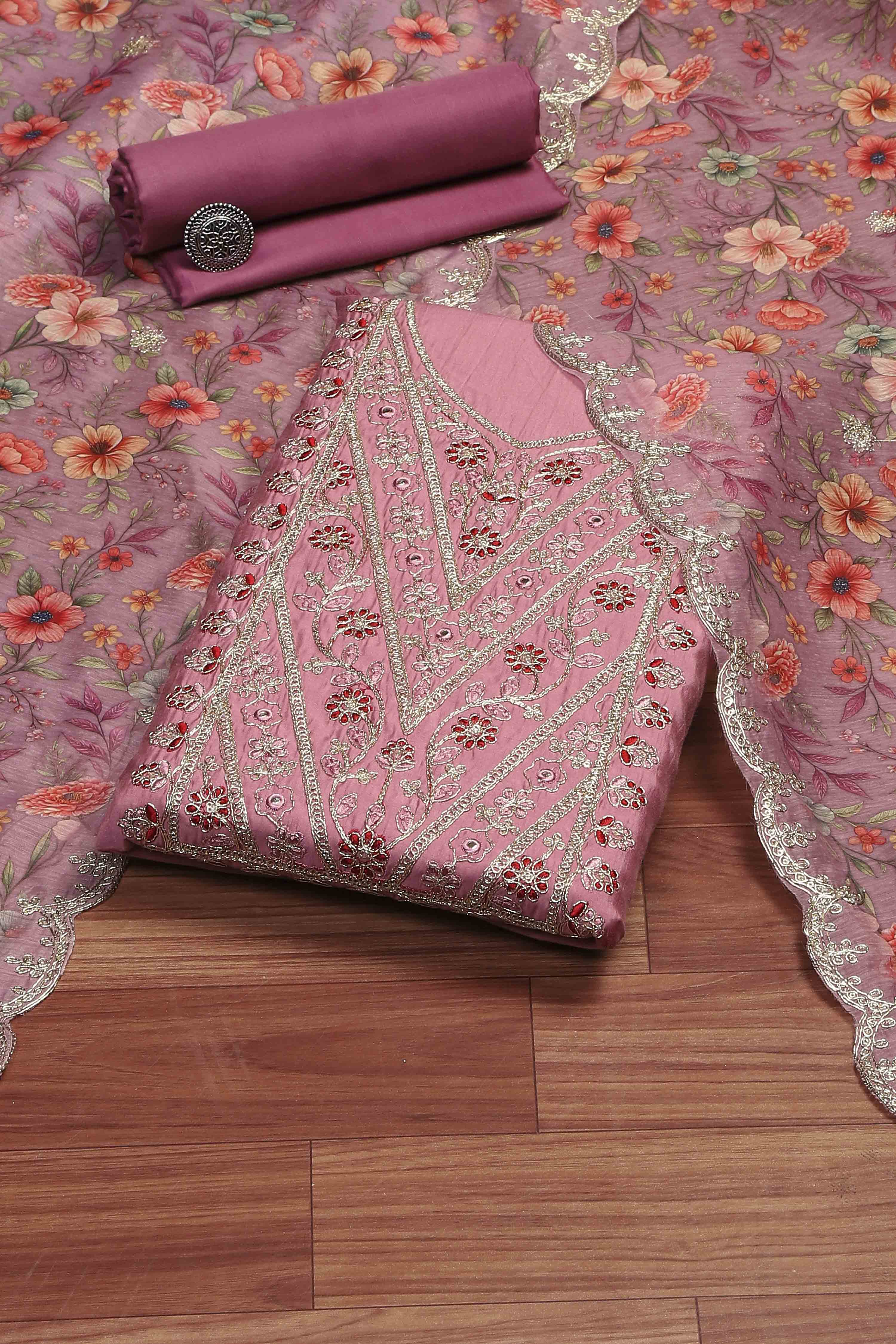 Teal Chanderi Unstitched Suit Set image number 0