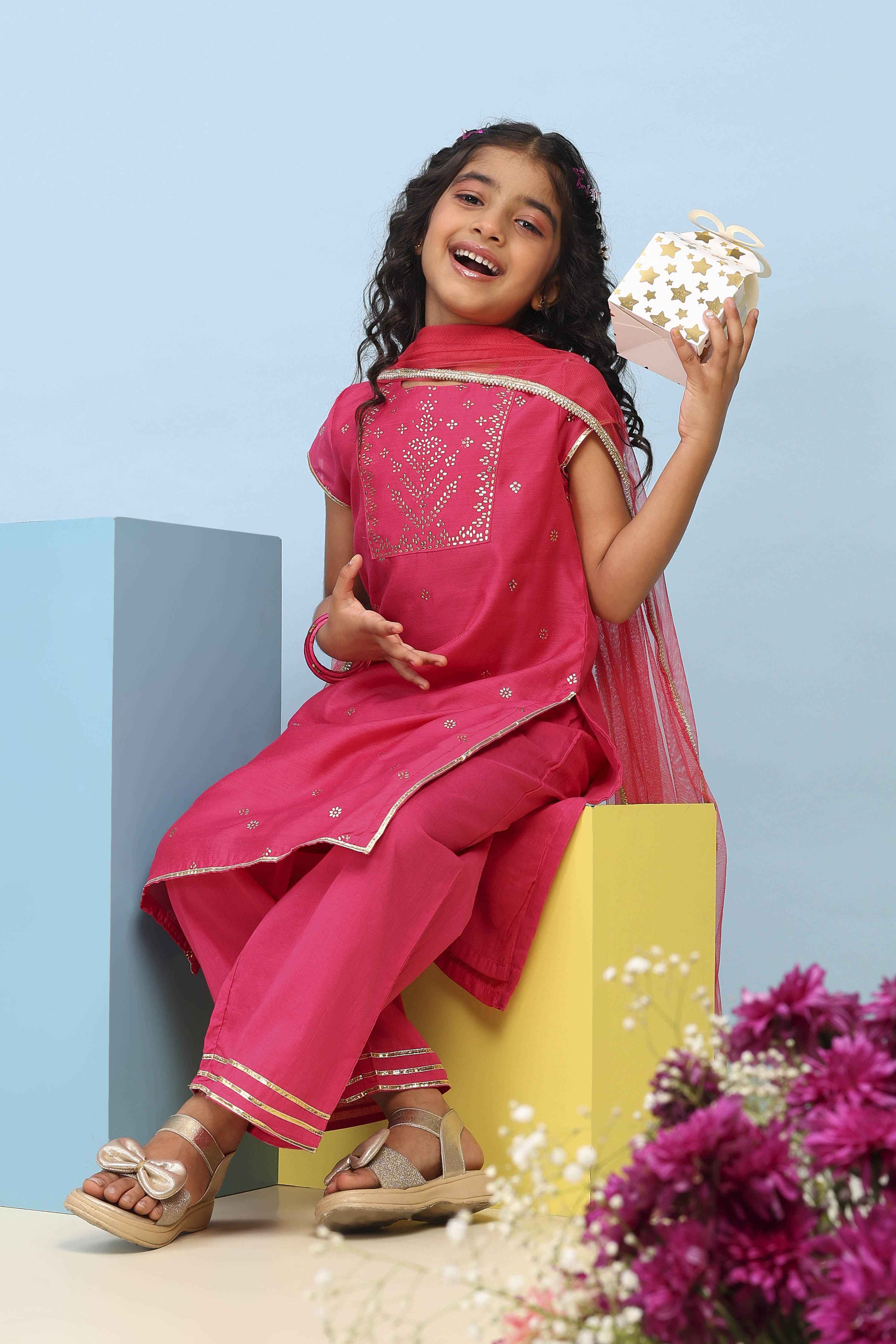 Aqua Polyester Straight Printed Suit Set image number 0