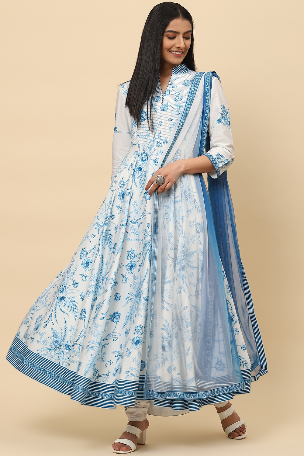 White Blue Cotton Anarkali Kurta Churidar Suit Set image number 6