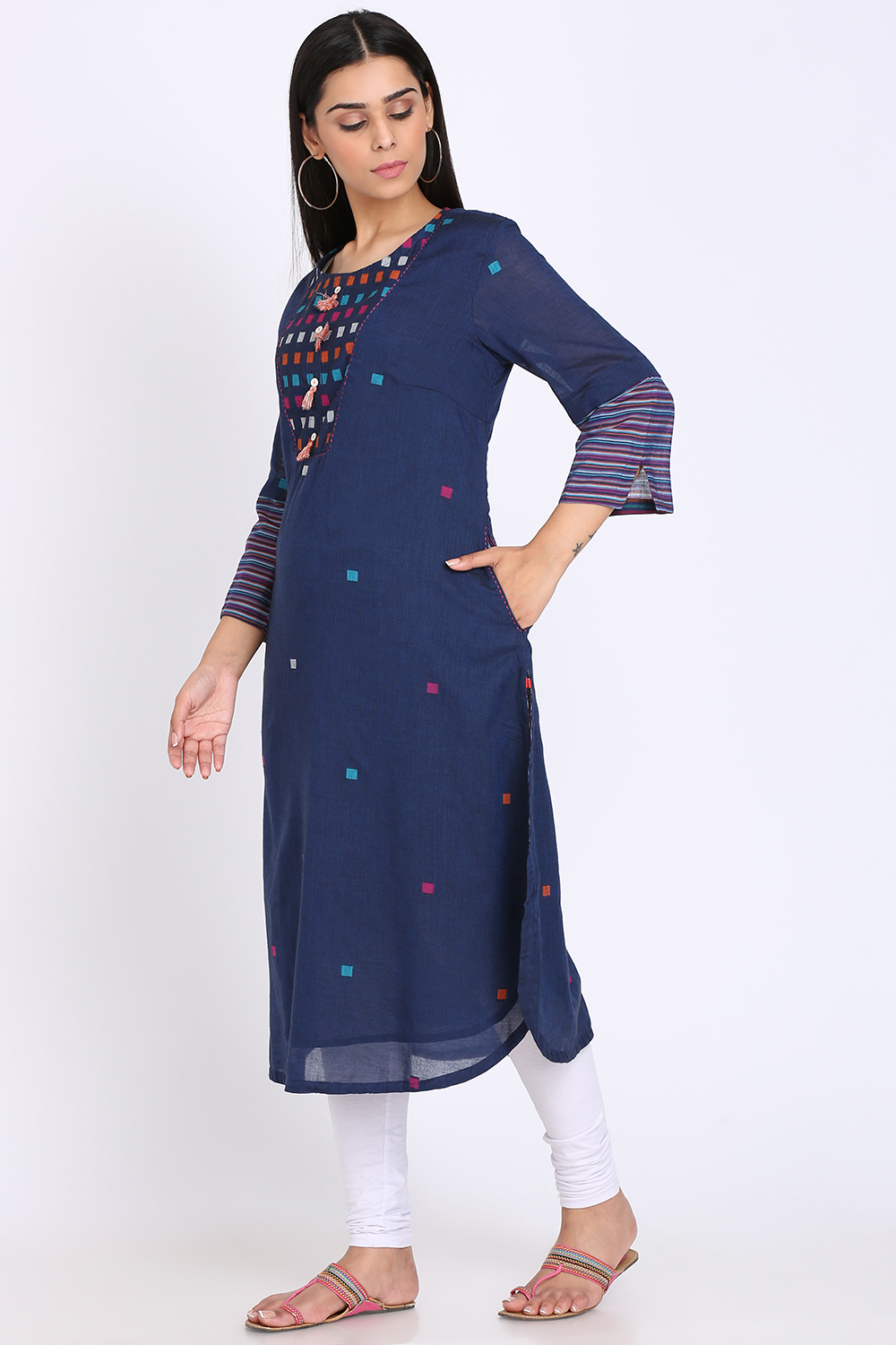 Navy Blue Cotton Straight Yarndyed Kurta image number 2