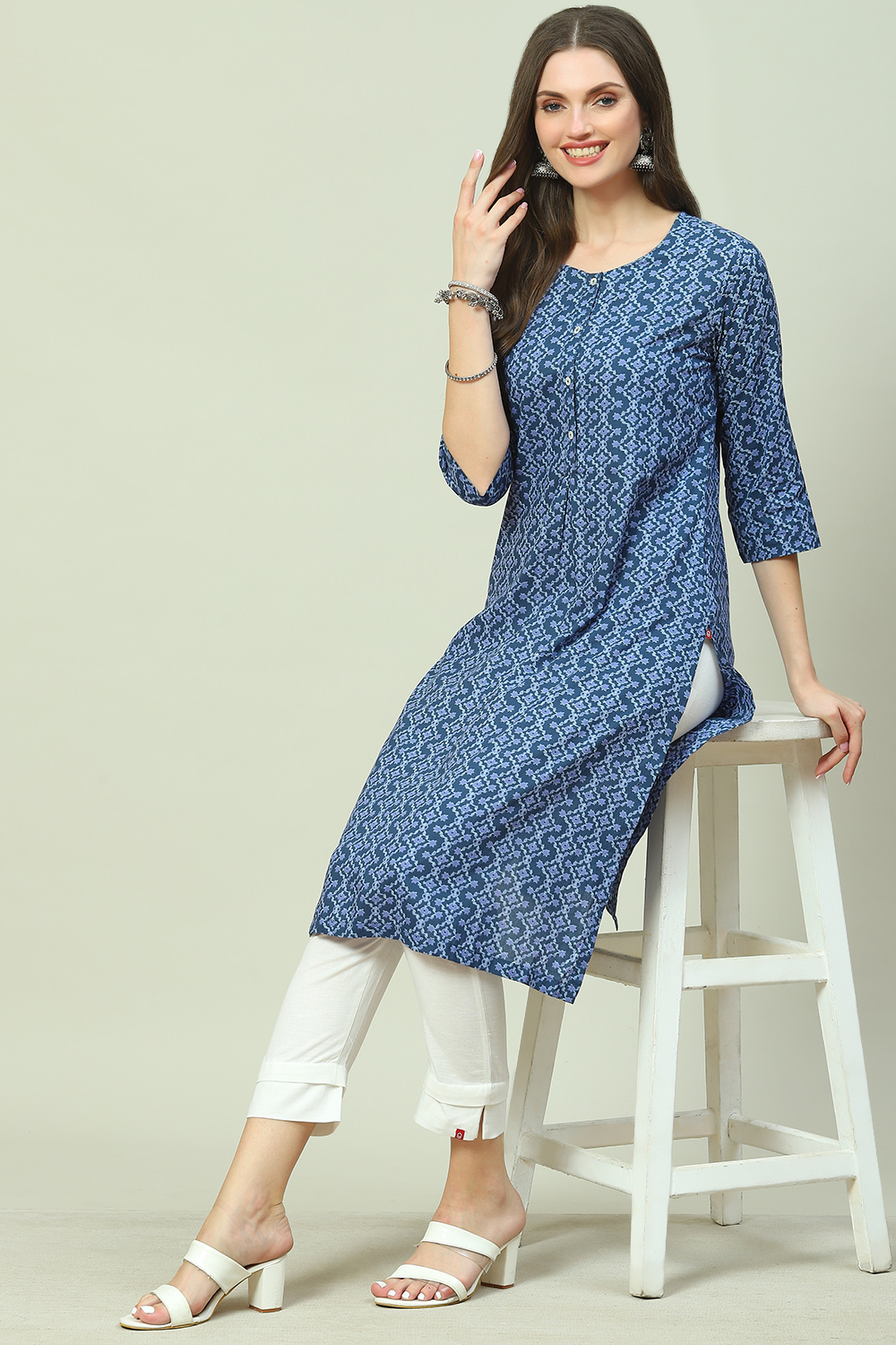 Blue Cotton Printed Kurta image number 3