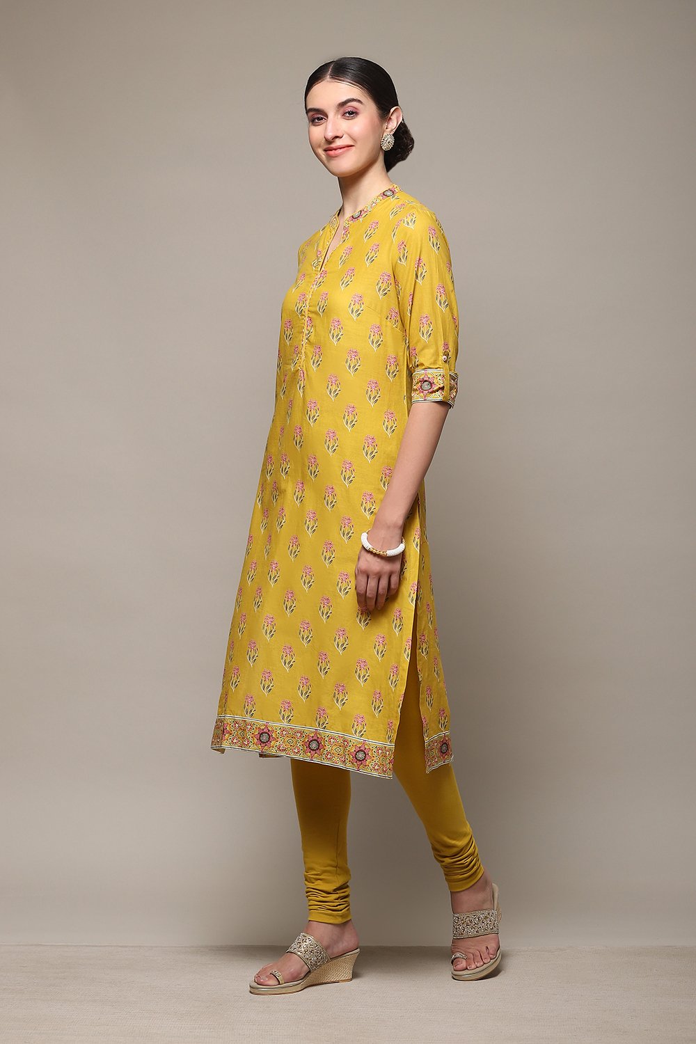 Black Cotton Straight Kurta Churidar Suit Set image number 3