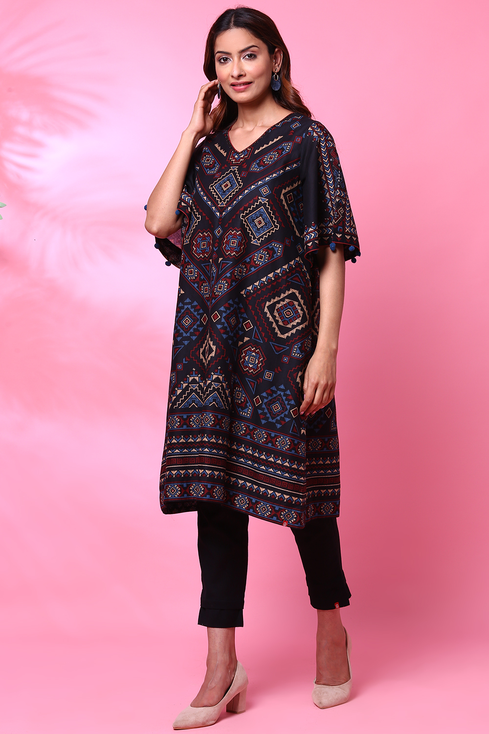 Charcoal Black Cotton A-Line Printed Kurta image number 1