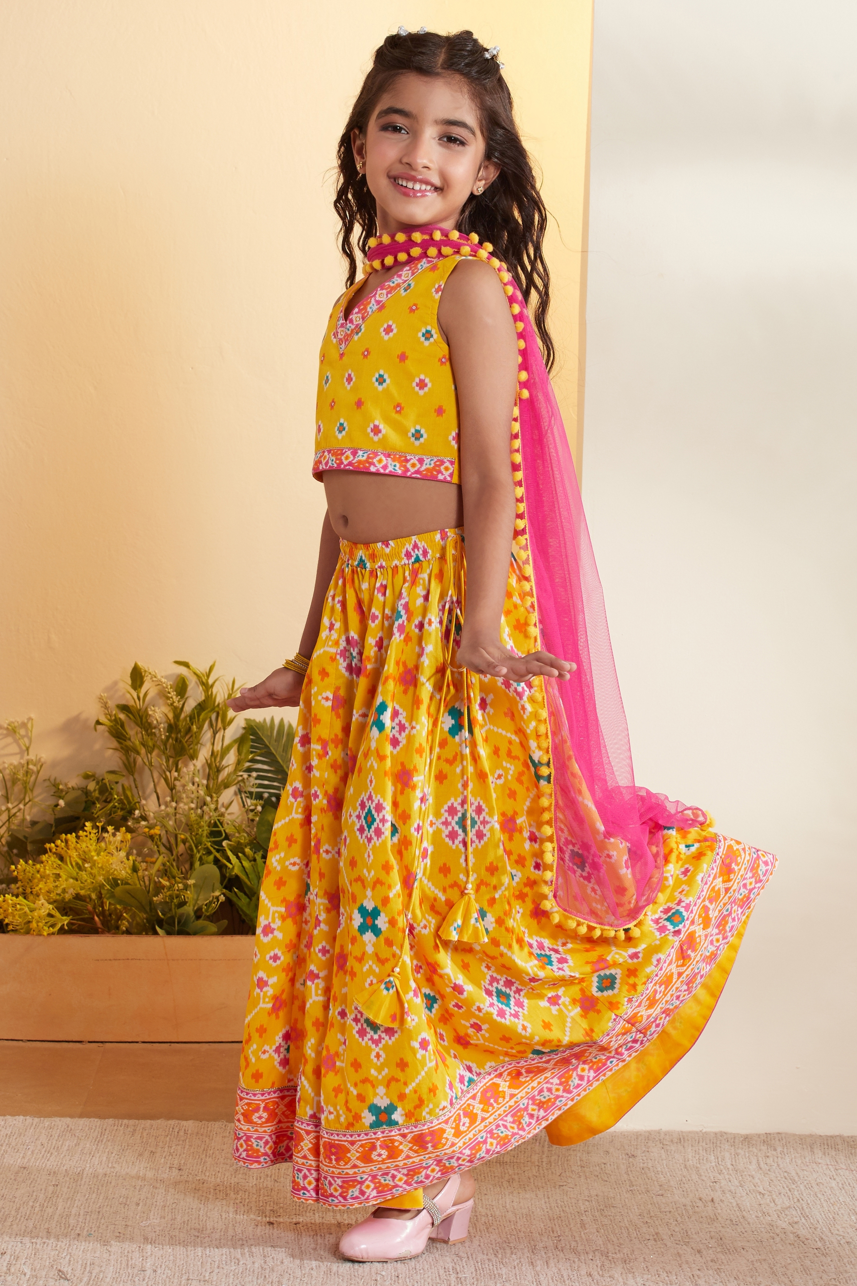 Yellow Printed Cotton Lehenga Set with Pink Dupatta image number 3