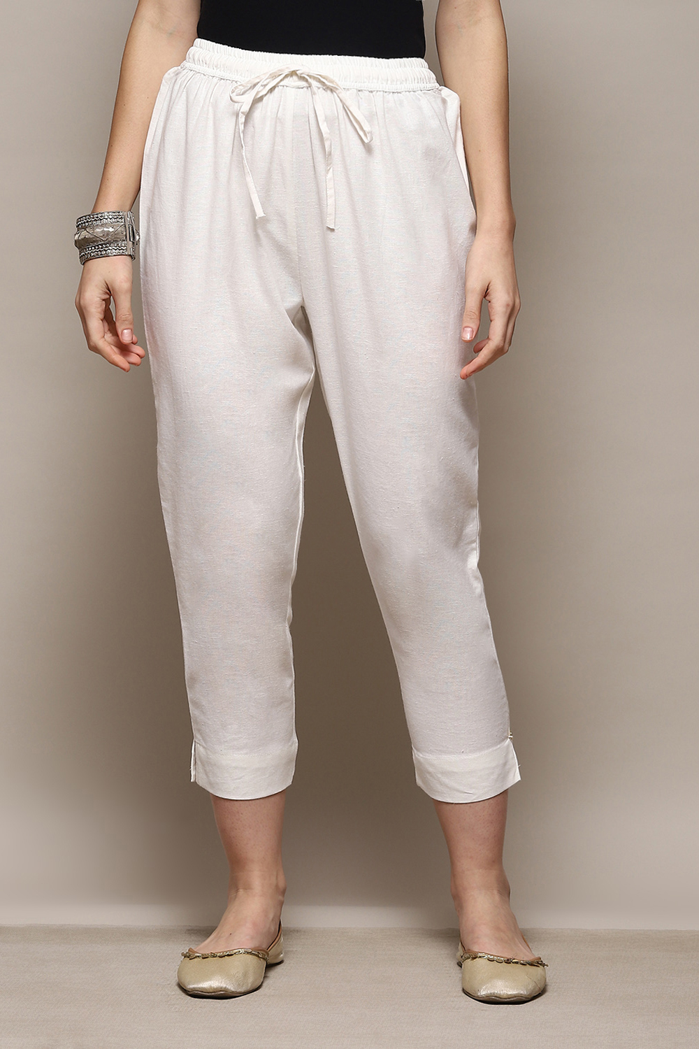 White Cotton Flax Slim Solid Pants at Biba India