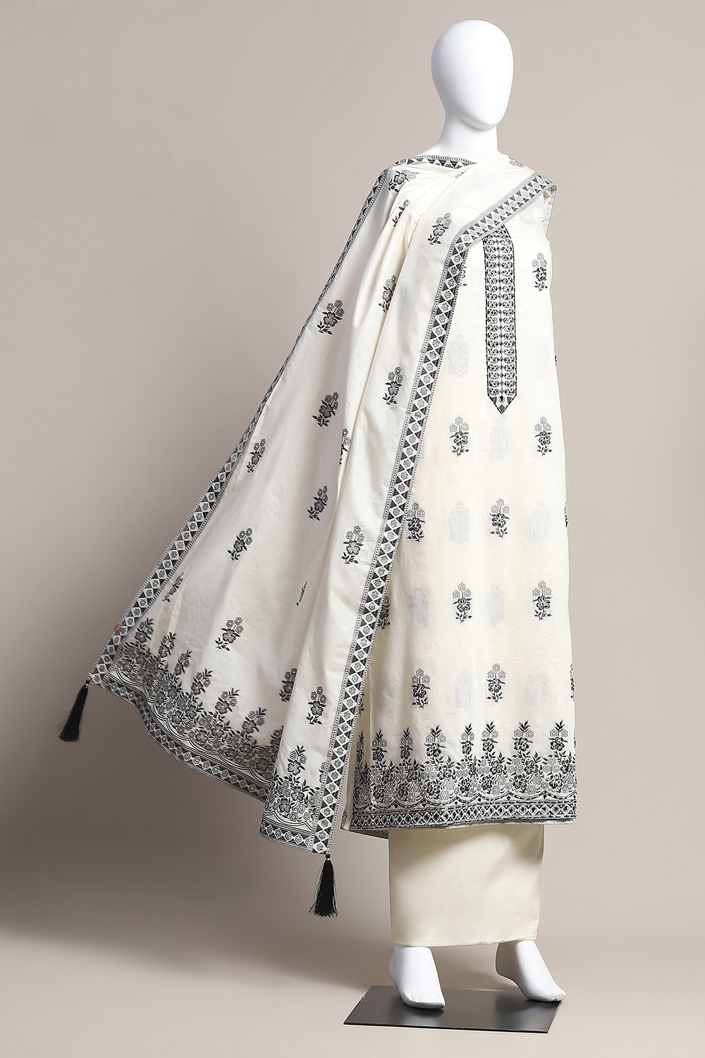 Cream Chanderi Unstitched Suit Set image number 0