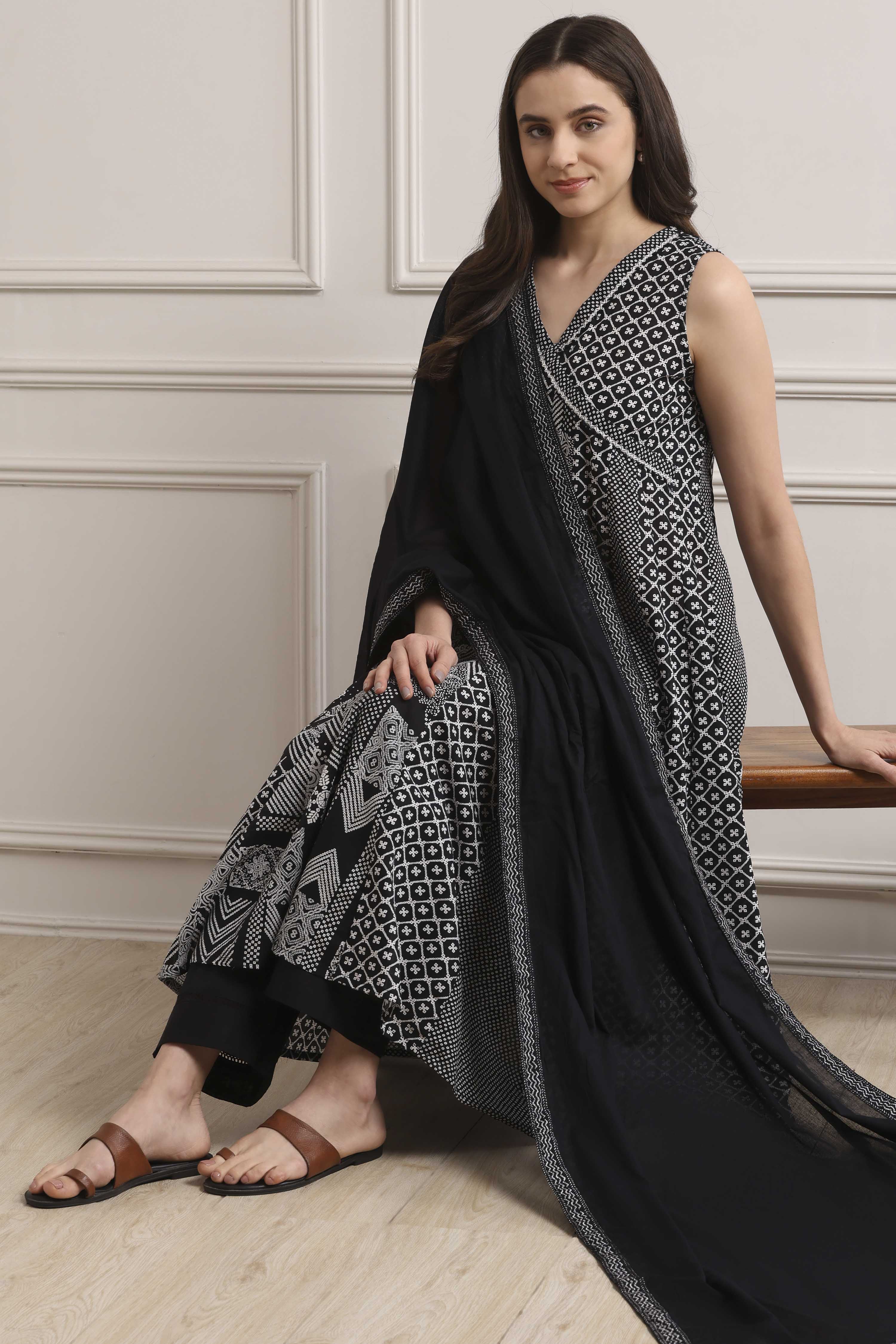 Black Cotton Printed Anarkali Suit Set image number 6
