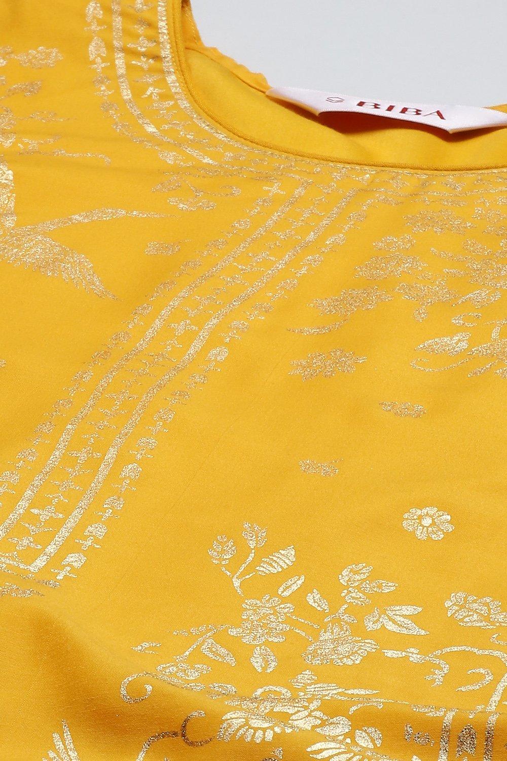 Yellow Printed Straight Kurta Slim Pant Suit Set image number 1