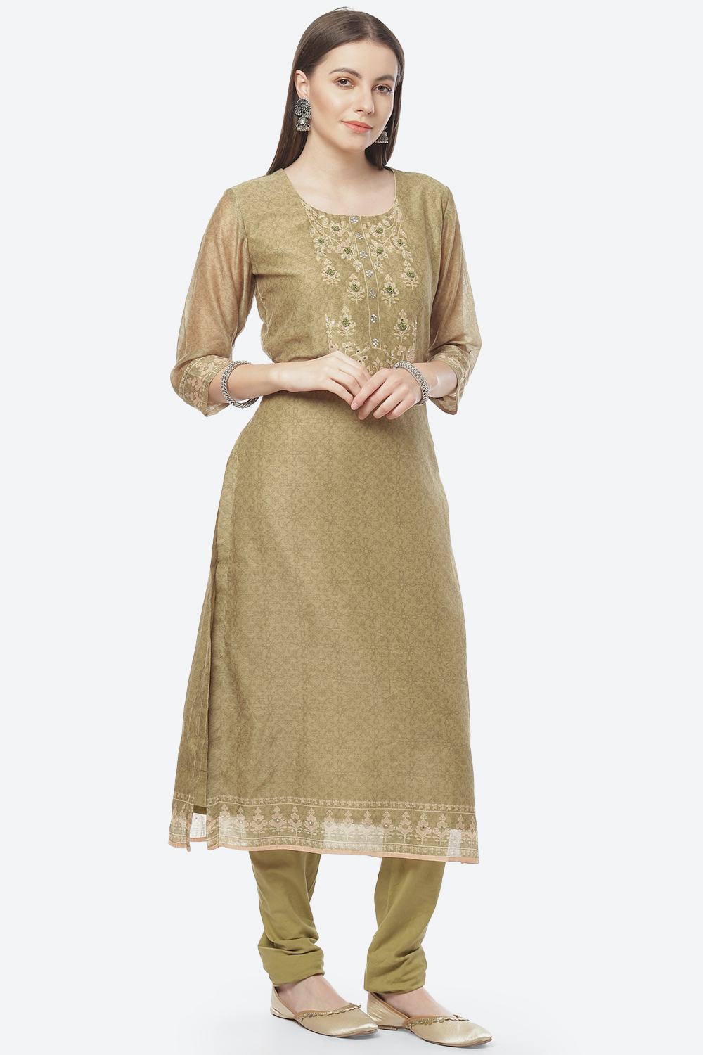 Light Green Cotton Blend Hand Embroidered Unstitched Suit Set image number 6