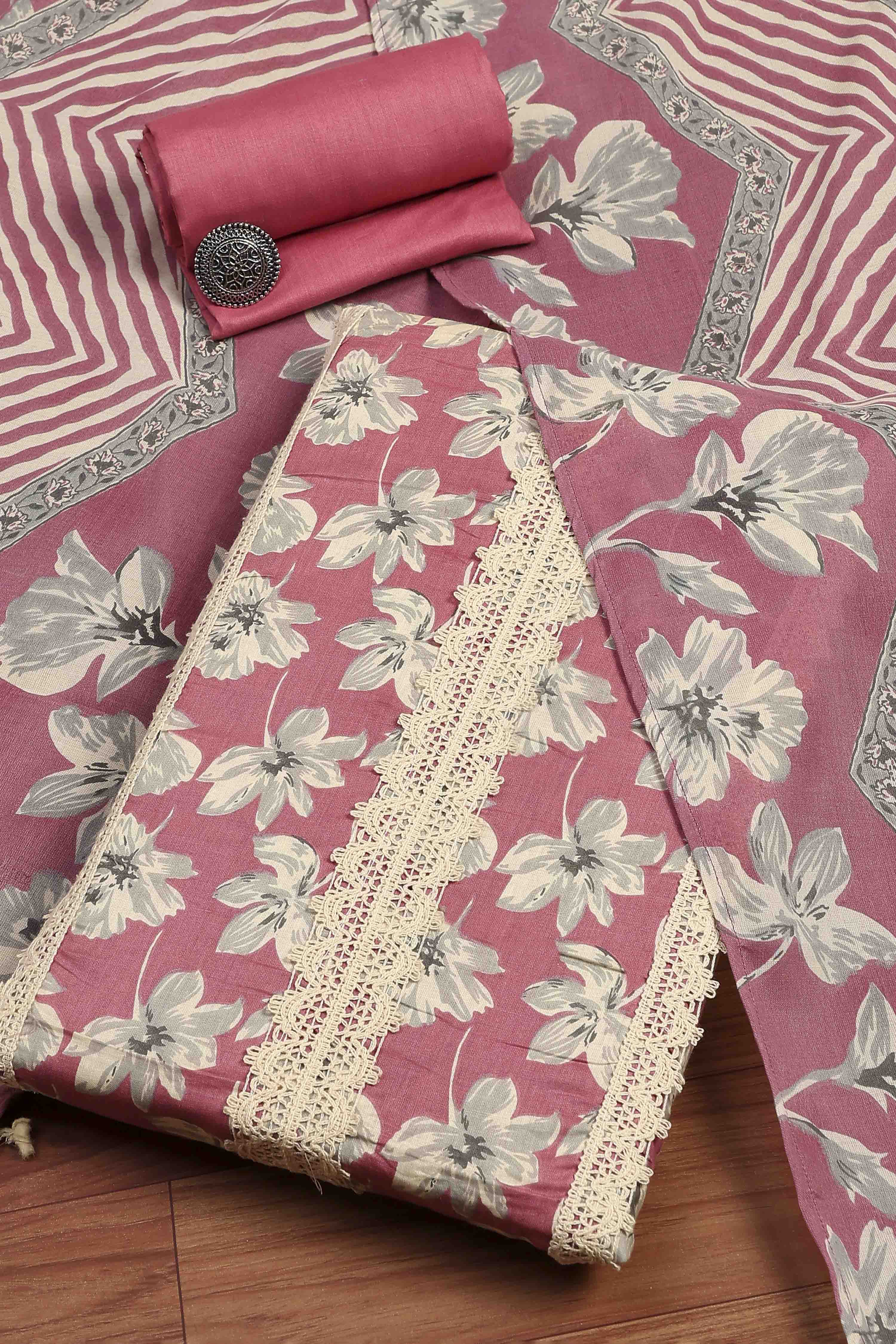 Pink Cotton Flower and Lace Work Unstitched Suit Set image number 0