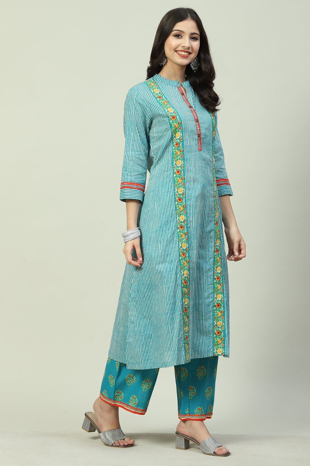 Yellow Printed Cotton A-Line Kurta Palazzo Suit Set image number 3