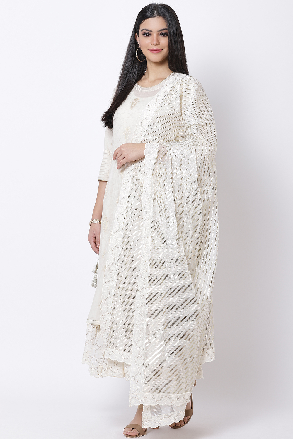 Off White Chanderi Cotton Flared Suit Set image number 3