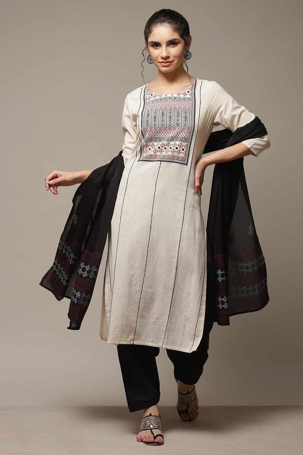 Black Flex Machine Embroidered Unstitched Suit Set image number 1