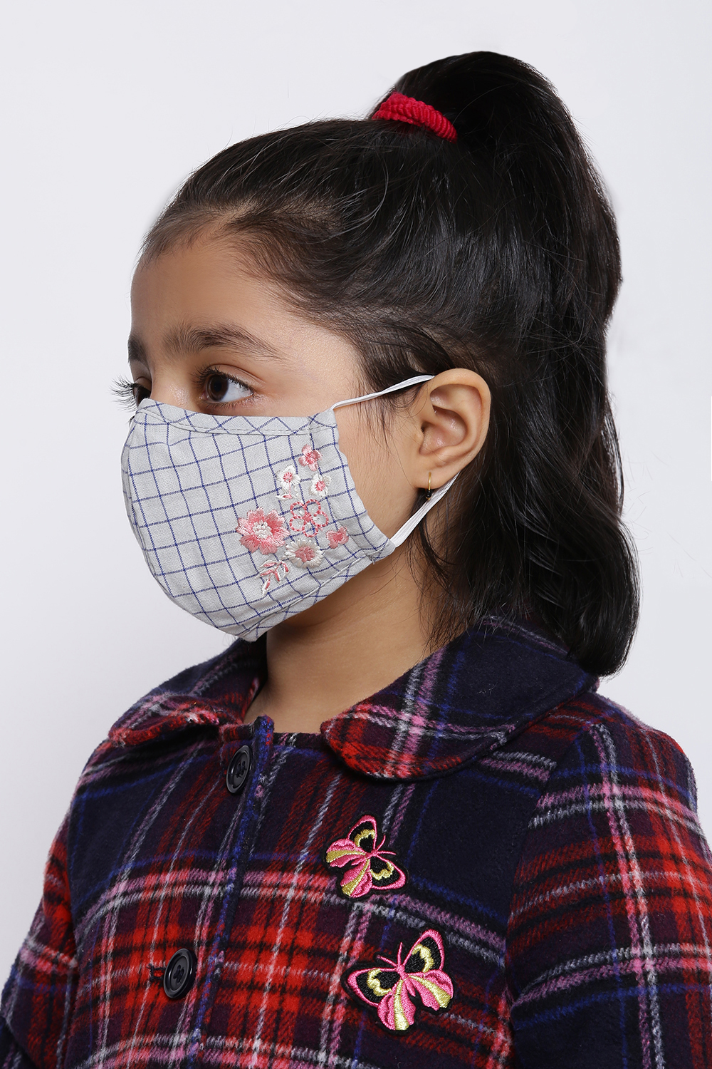 Grey And Blue Cotton Kids Yarndyed Face Mask image number 2
