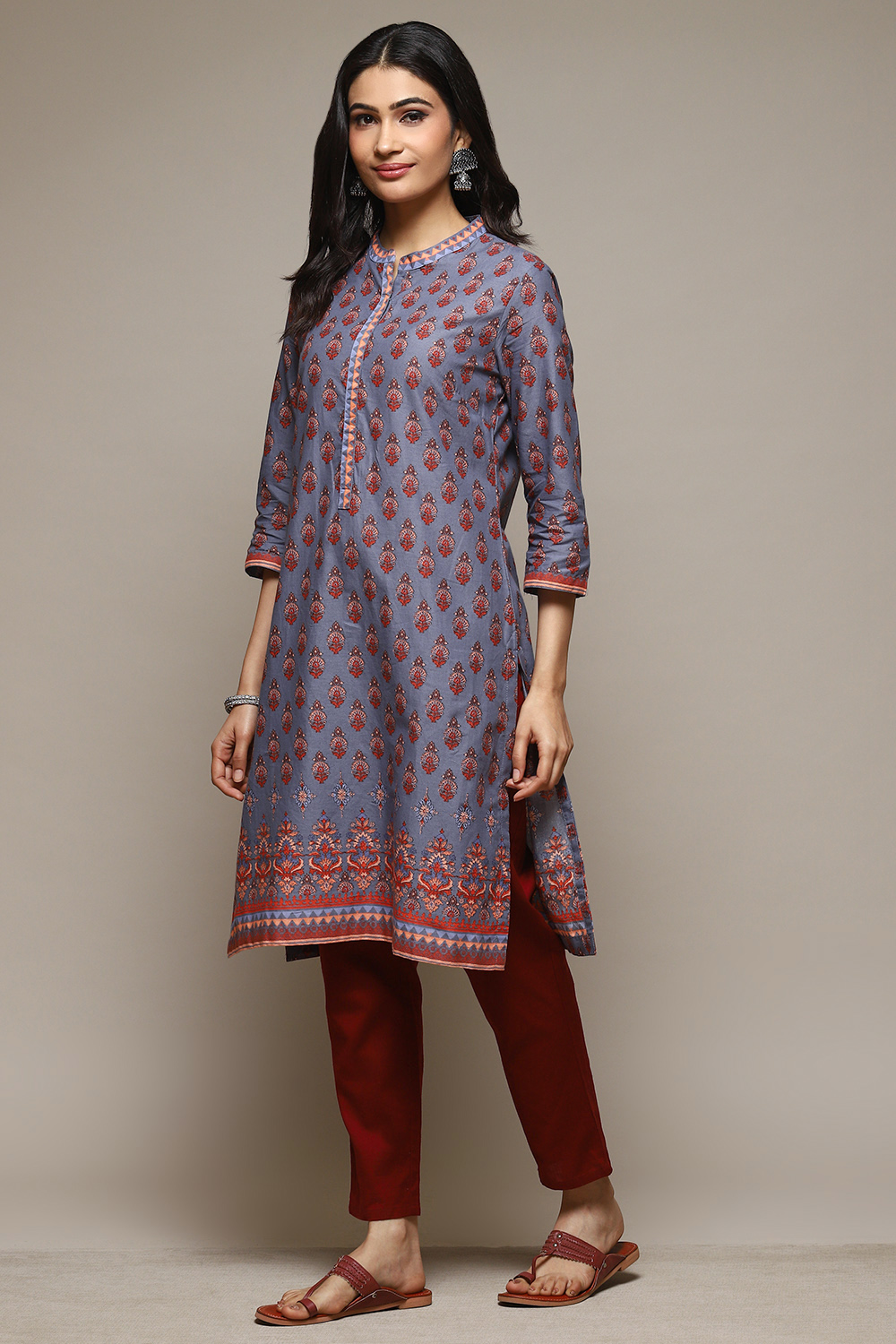 Grey Cotton Straight Printed Kurta