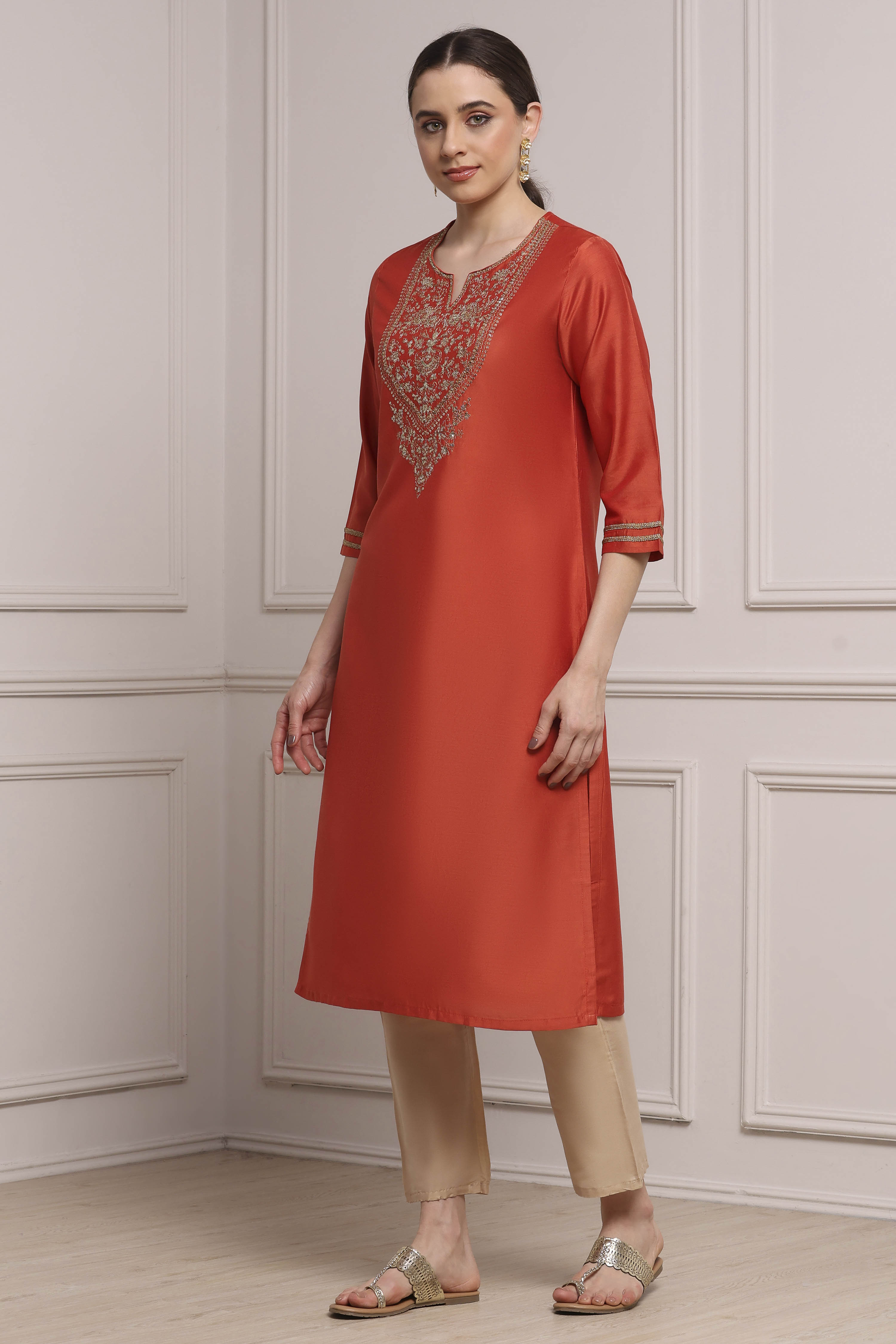 Burnt Orange Viscose Blend Solid Straight Kurta image number 2