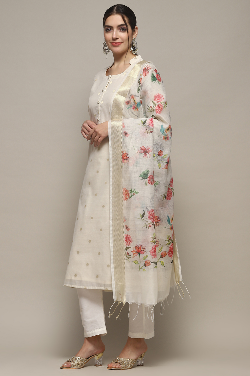 Off White Chanderi Unstitched Suit set image number 5