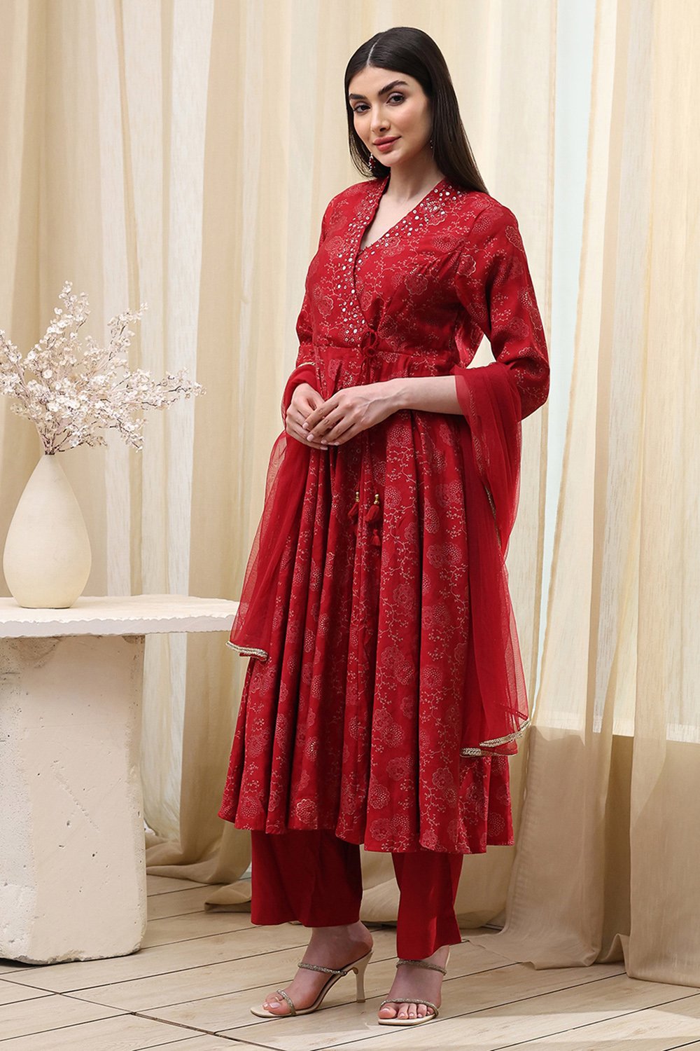 Navy Blue Printed Angrakha Style Anarkali Suit Set image number 3